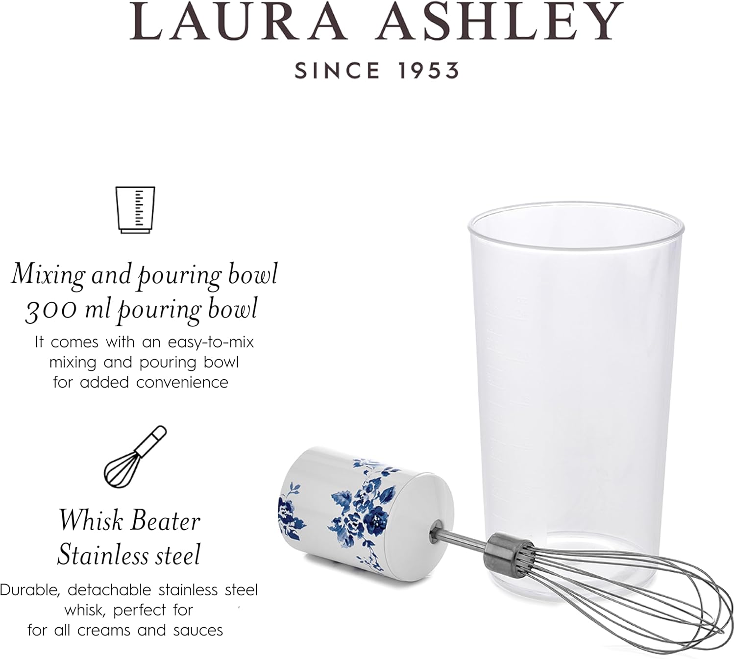 Laura Ashley 150W Immersion Blender Handheld - 4 in 1 Electric Hand Blender for Kitchen with Durable Stainless Steel Blades, Whisk & 300ml Mixing, Pouring Cup - 2 Speed Modes Hand Held Stick Blender
