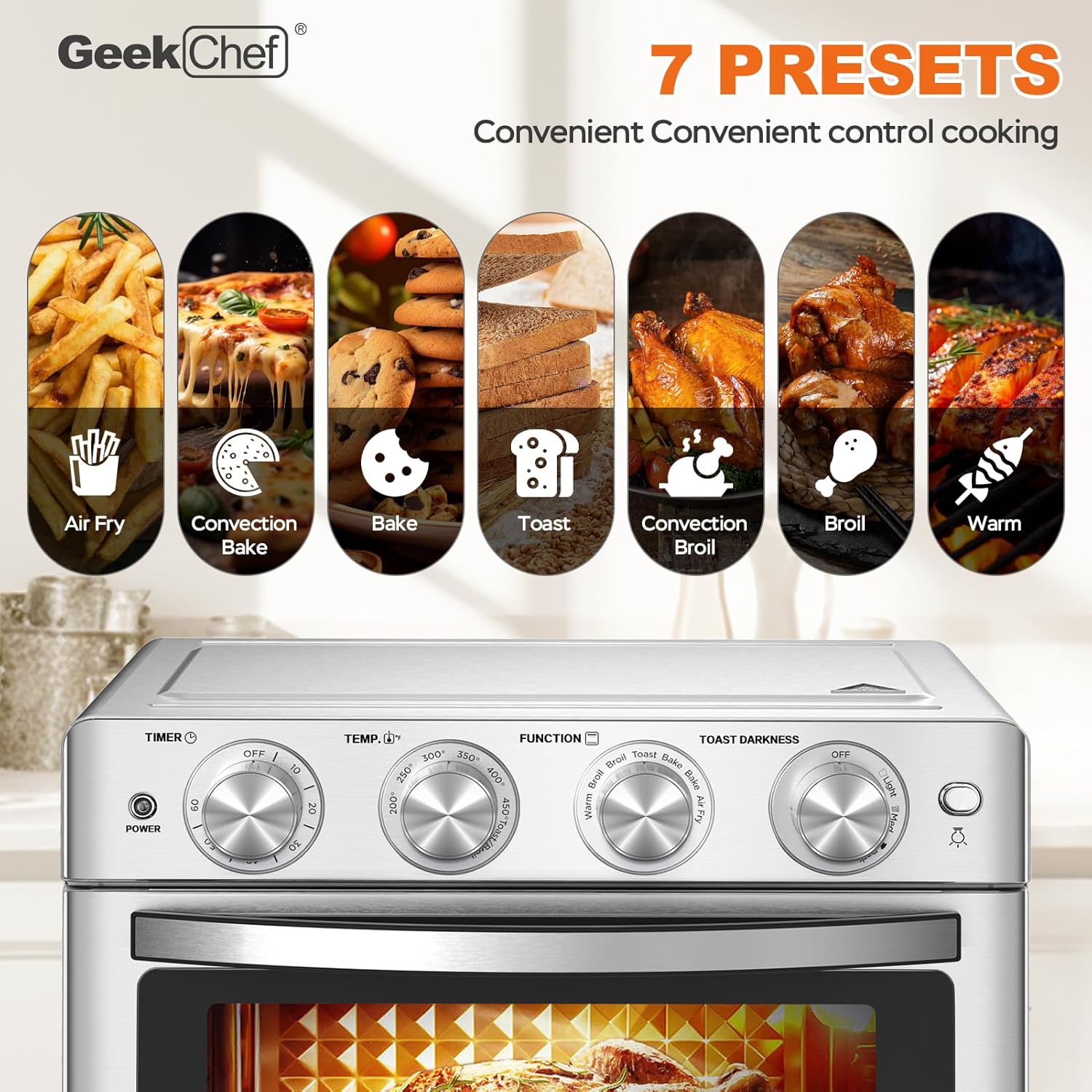 Geek Chef 26 QT Air Fryer Oven, Big Air Fryer, Toast Oven with Bake, Roast, Pizza, Easy to Use & Clean, 6 Slice Toast, Stainless Steel