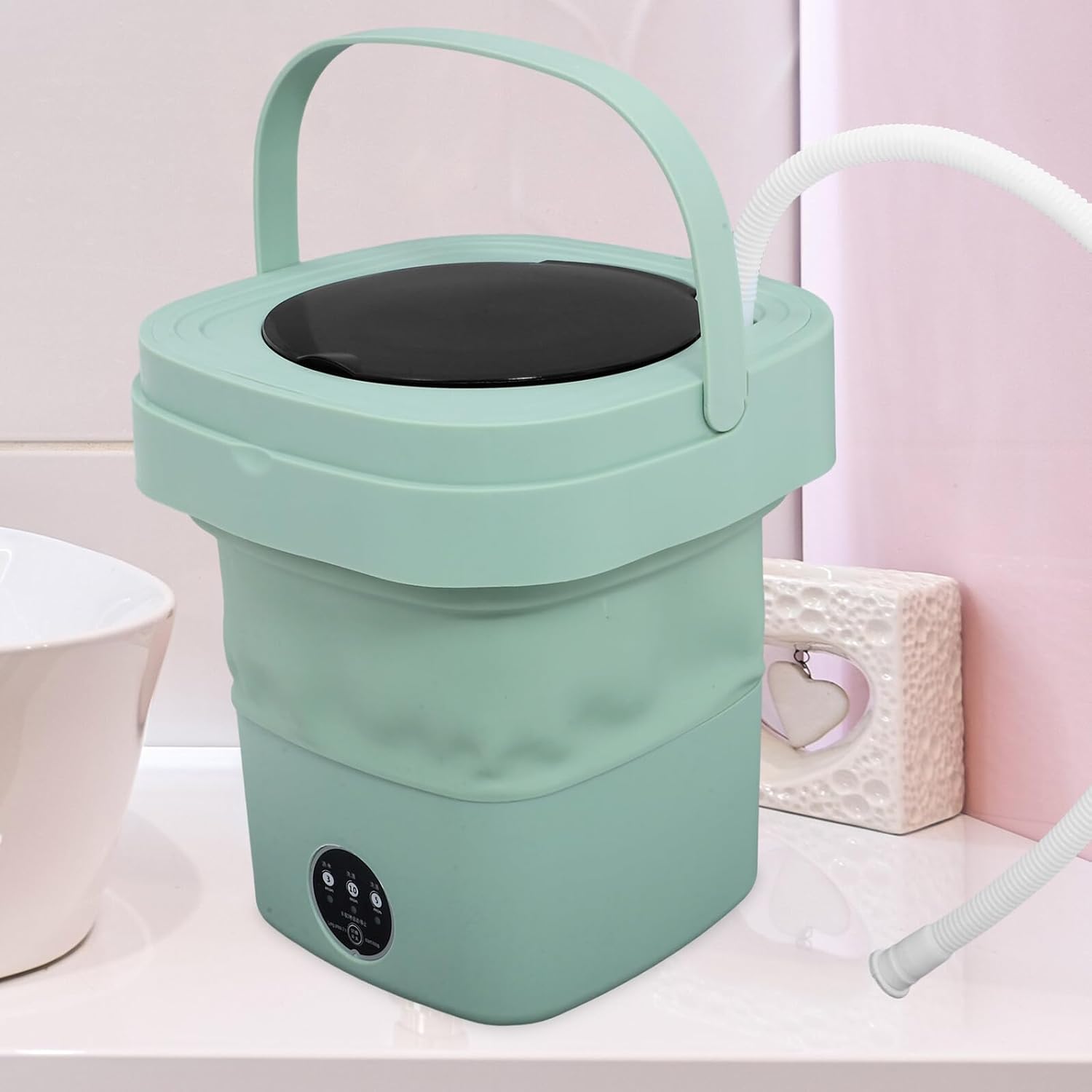 VANZACK Portable Mini Folding Washing Machine with Spin Dryer Capacity for Apartments Dorms Travel Automatic Small Washer with Drain Basket and US Plug for Clothes and Socks