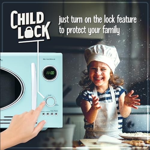 Nostalgia Retro Countertop Microwave Oven, 0.9 Cu. Ft. 800-Watts with LED Digital Display, Child Lock, Easy Clean Interior, Cu.Ft, Aqua