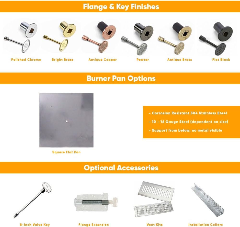 HPC Square Match Lit Fire Pit Burner Kit with 48x48-Inch Stainless Steel Burner and 54x54-Inch Flat Pan, Natural Gas, Polished Chrome, with Flange, Key, Valve, Flex Line and Fittings