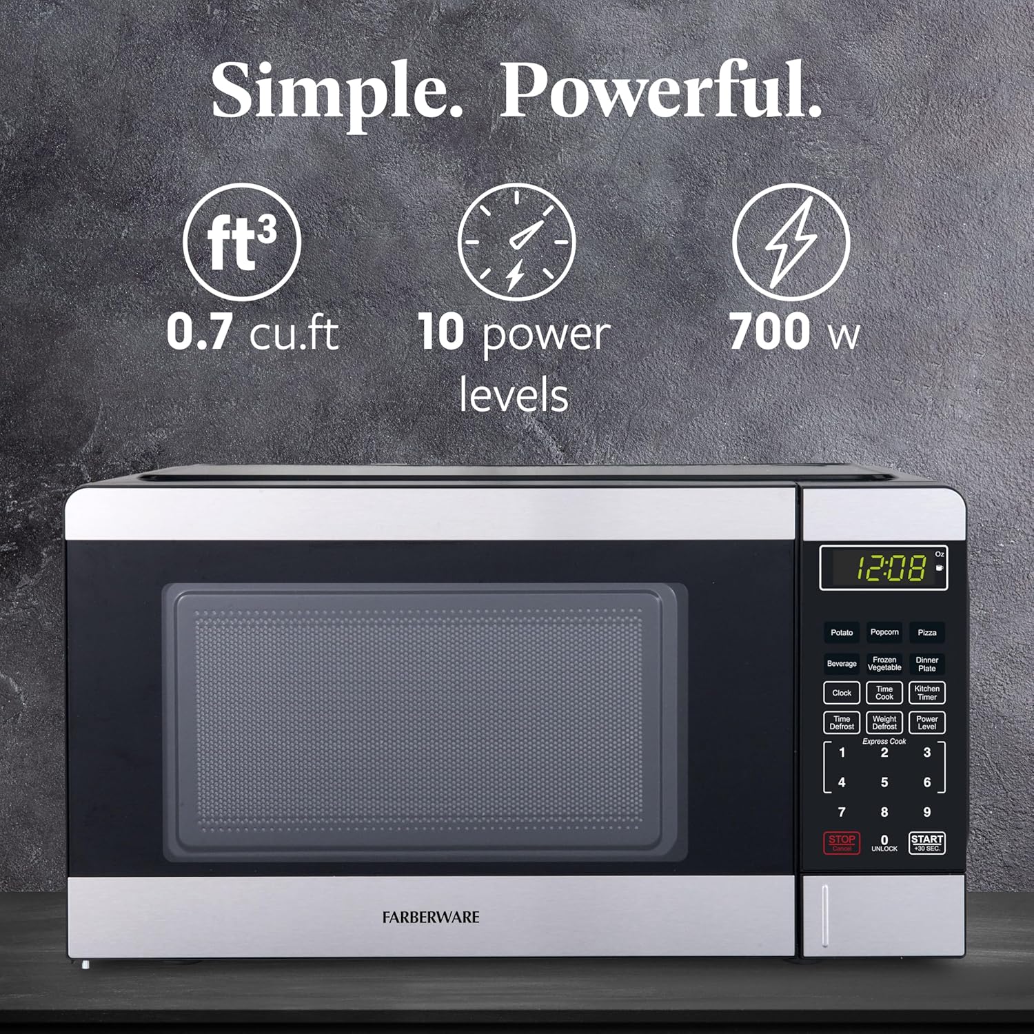 Farberware 0.7 Cu. Ft. Countertop Microwave Oven – 700 Watts Power, Auto Cook Settings, Defrost, Easy Clean and Child Safety Lock - Stainless and Black