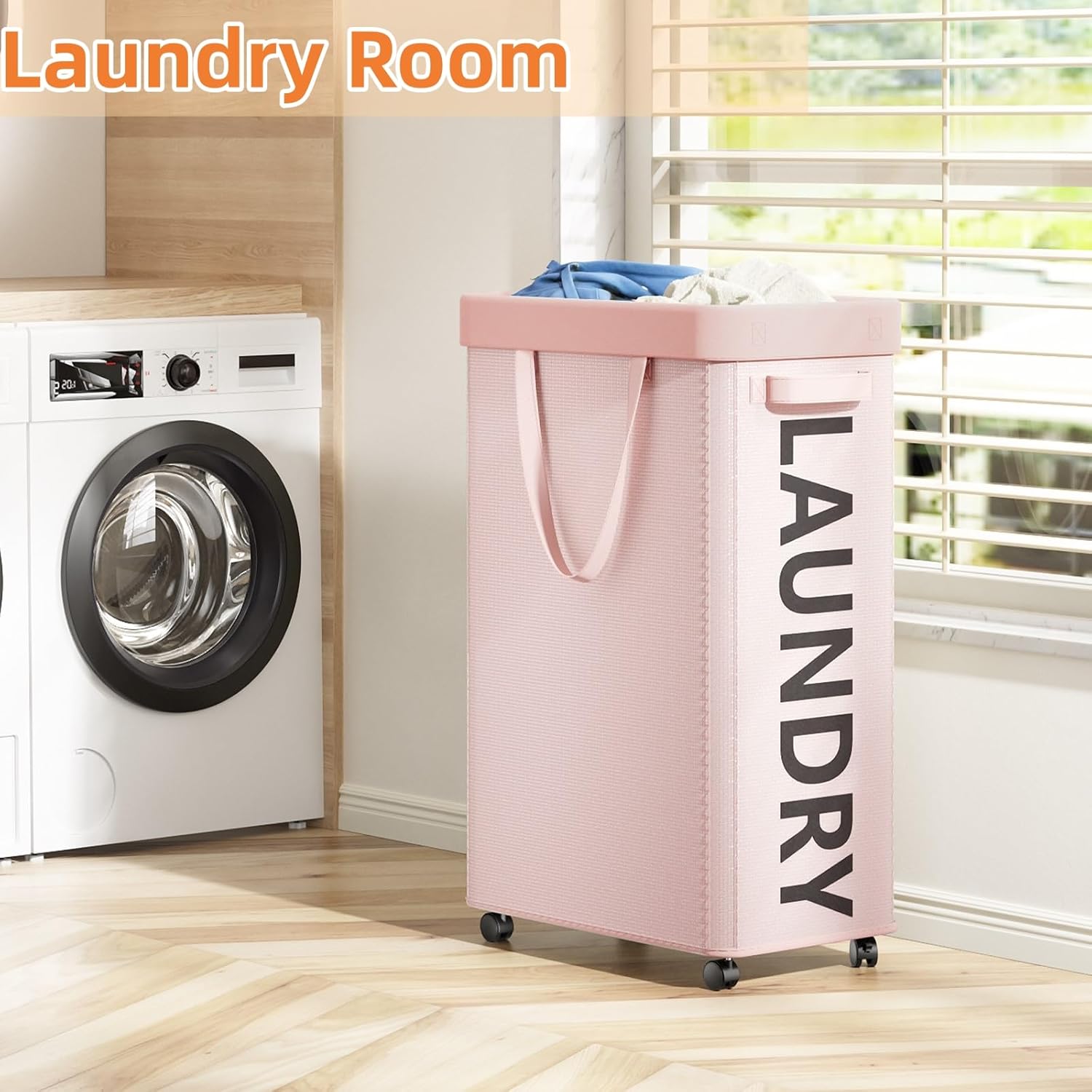 Pink Laundry Basket with Wheels, 90L Rolling Laundry Hamper with Wheels, Nursery Hamper on Wheel with Removable Mesh Bag for Clothes, Bedroom, Bathroom, Dorm