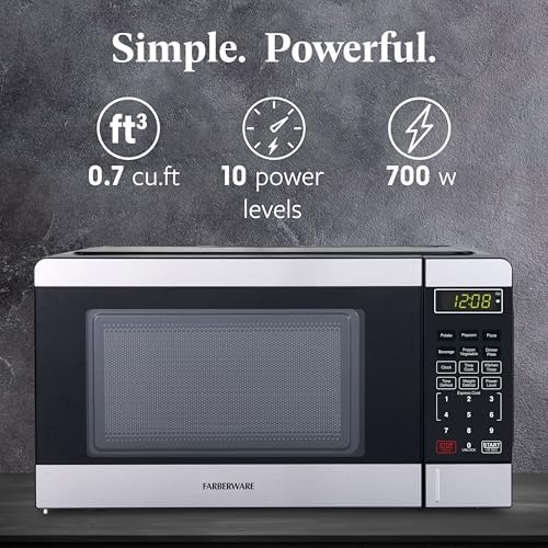 Farberware 0.7 Cu. Ft. Countertop Microwave Oven – 700 Watts Power, Auto Cook Settings, Defrost, Easy Clean and Child Safety Lock - Stainless and Black