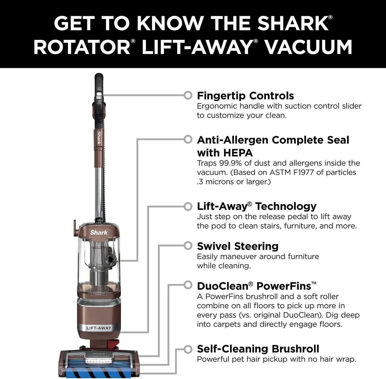 SHARK LA455 Rotator Vaccum Upright Vacuum with Self-Cleaning Brushroll Powerful Pet Hair Pickup and HEPA Filter, Lift-Away w/DuoClean, Brown