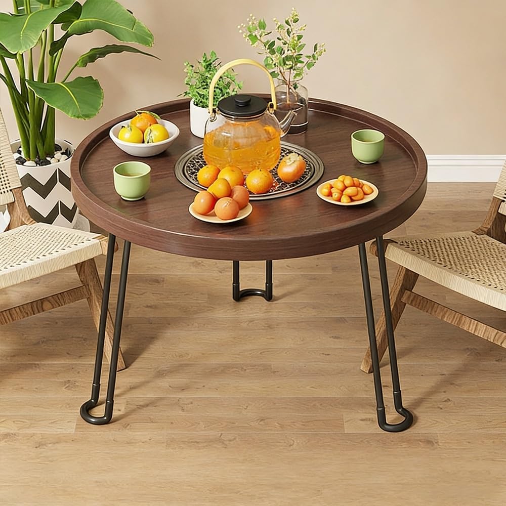 Wooden Grill Table with Raised Guardrail, Outdoor Folding Table, Portable Camping Table, Simple Coffee Table for Patio, Garden, Picnics, Backyard Cooking(Brown,45cm-17.7in)