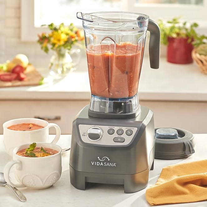 Princess House Vida Sana Blender for Smoothies, Soups, Dips and More, 1500 Watts, Stainless Steel Blade, 4 Preset Functions, Large, Grey