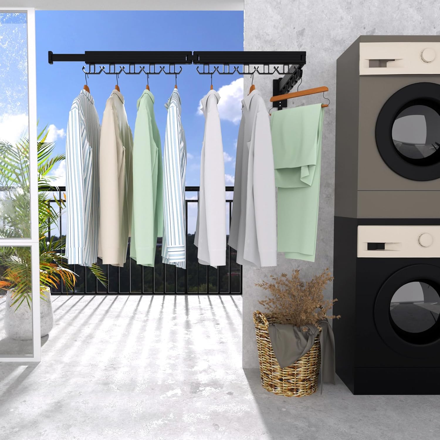 Clothes Drying Rack, Wall Mounted Laundry Drying Rack, Upgrade 3-Fold Foldable Collapsible Retractable Clothing Drying Rack with 12 Dual Hooks Organization for Laundry Room Indoor- Black