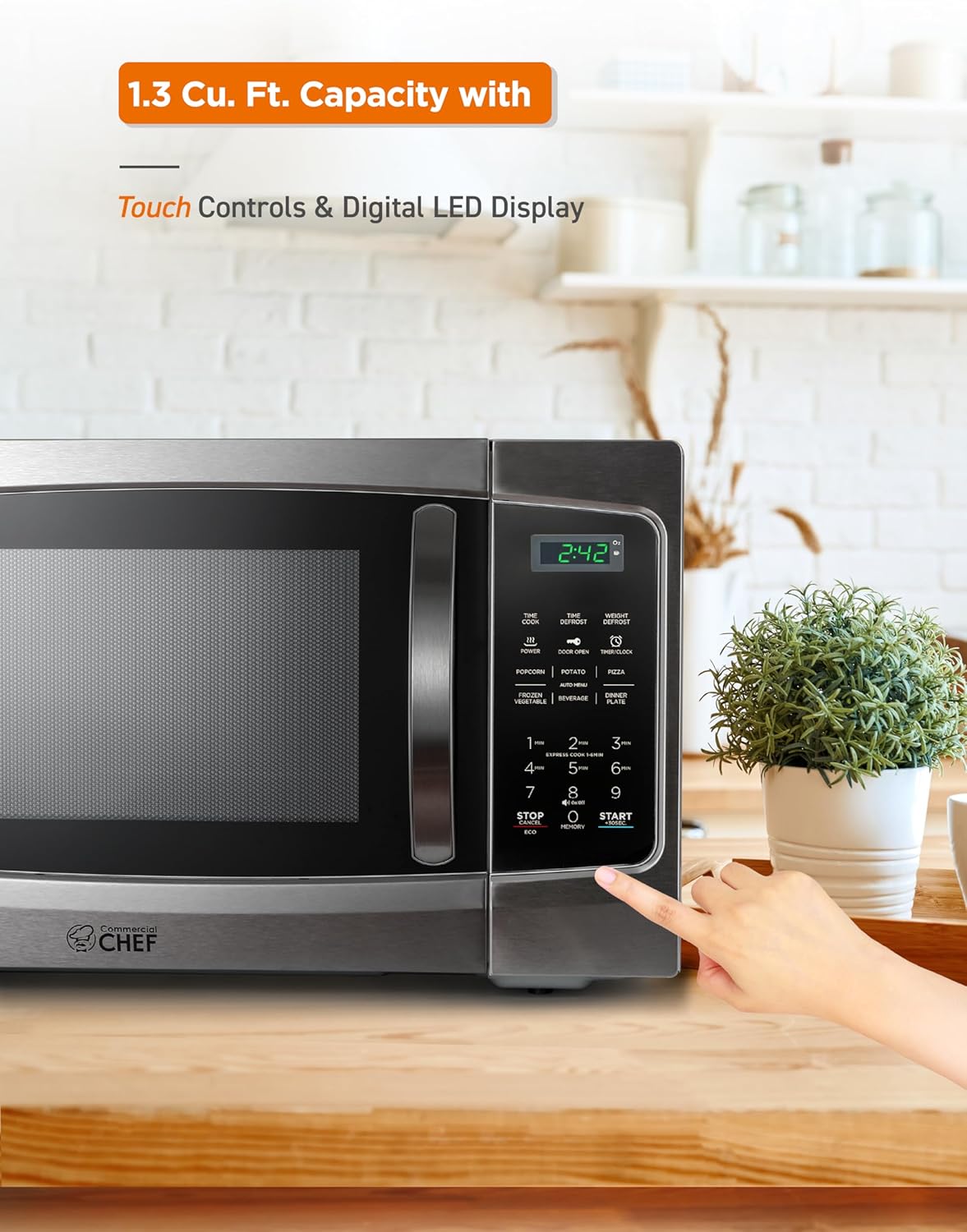 COMMERCIAL CHEF Microwave 1.3 Cu Ft with 10 Power Levels, Microwave with Pull Handle Door Lock, 1000W Countertop Microwave with Timer and Digital Controls, Stainless Steel