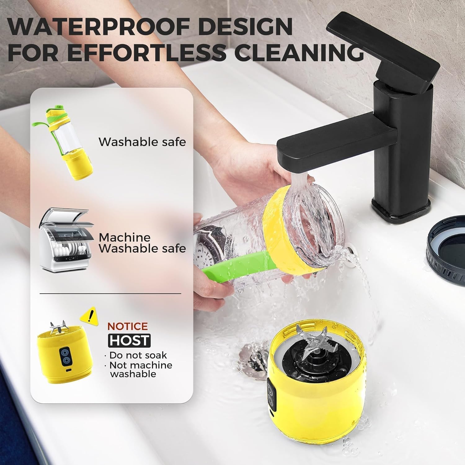 Portable Blender, Anti-Jamming 300 Watt for Shakes and Smoothies, 24oz Travel Blender USB Rechargeable, BPA Free Sporty bottle with a Travel Lid. (Black Base Grey Lid) (Yellow Base Green Lid)