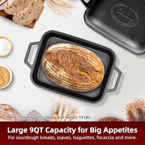 Davivy 9QT Large Cast Iron Bread Loaf Pan with Lid, Pre-Seasoned Dutch Oven for Sourdough Bread Baking, Non-stick Cast Iron Sourdough Baking Pan with Lid