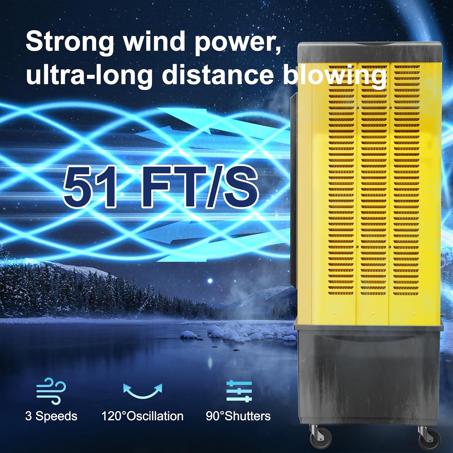 Swamp Cooler,14715 CFM Evaporative Air Cooler,52.8 Gal Water Tank Outdoor Air Conditioner,3 Speed,Suitable for Indoor & Outdoor Garage,Patio,courtyard,factory workshop,70inch,Yellow