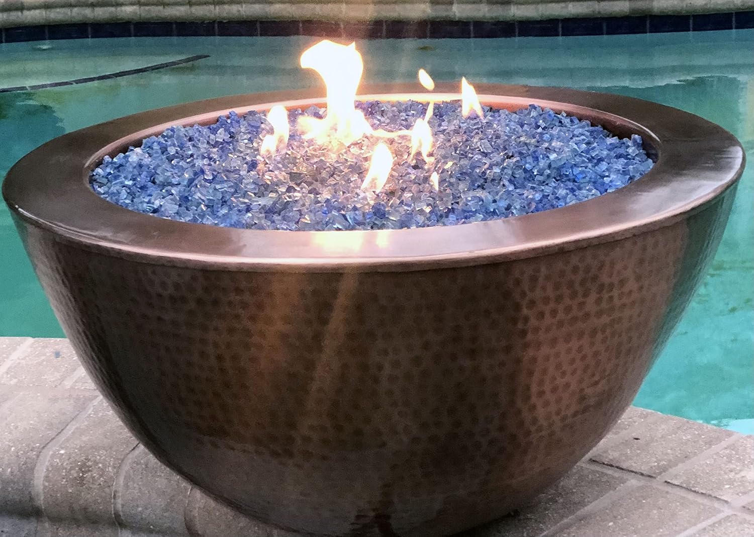 26 Inch Hammered Copper Bowl Round Propane or Natural Gas Fire Pit with 12 inch Diameter Burner Ring 92,000 BTU