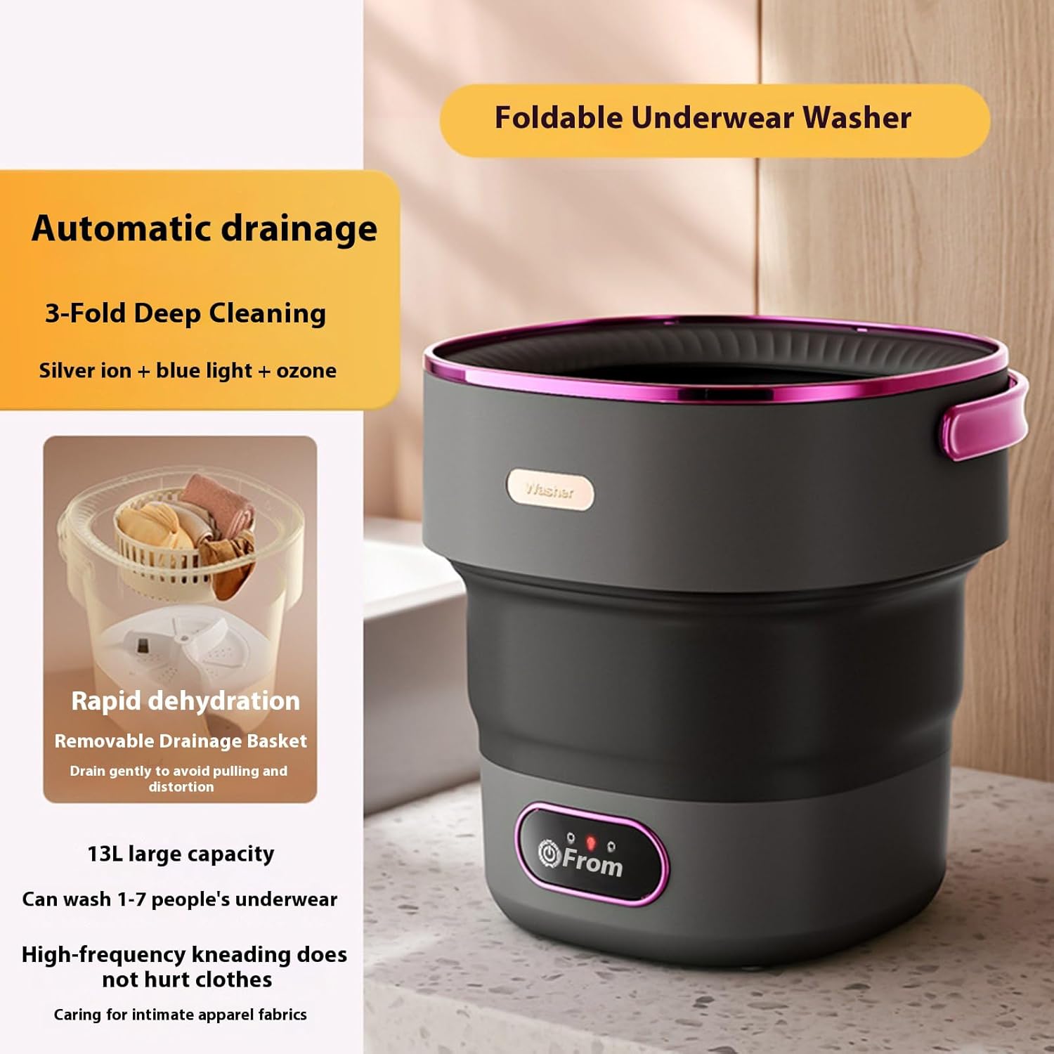 Portable Underwear Washer And Dryer Travel Washing Machine With Drain Basket Foldable Laundry Appliance Baby Clothes Washer