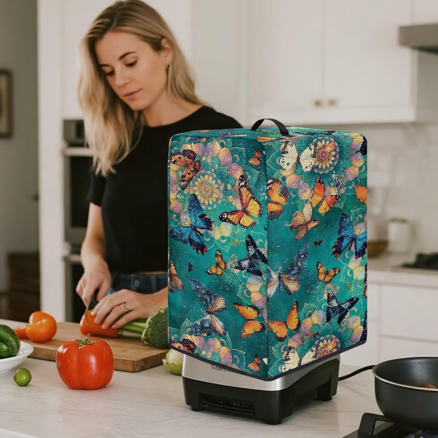 Retro Butterflies Kitchen Appliance Covers – Blender Dust Cover with Floral Prints, Fits Most Juicers & Stand Mixers, Foldable & Machine Washable, Home Kitchen