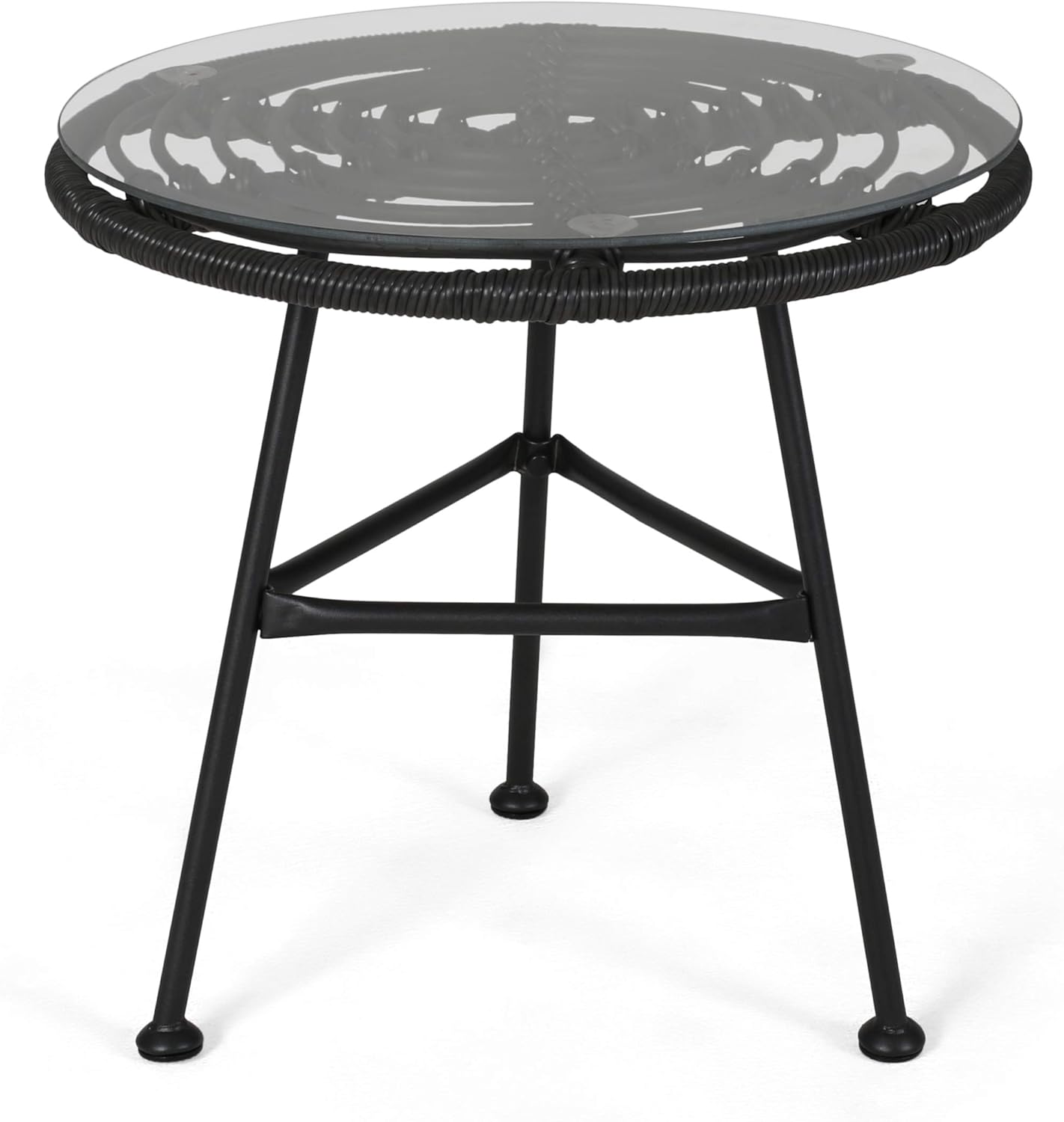 Great Deal Furniture Noble House Orlando Outdoor Glass Top Faux Rattan Side Table in Gray