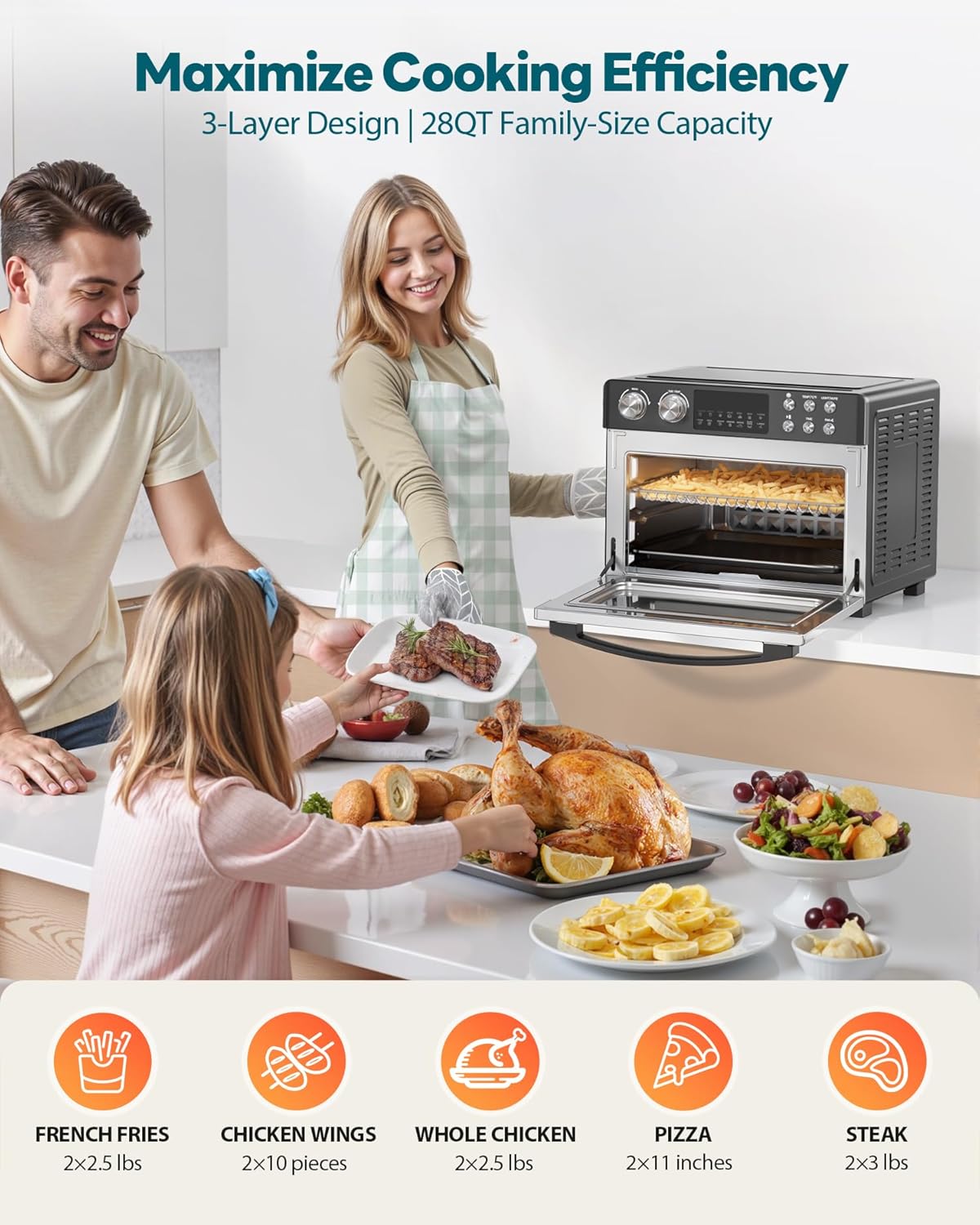 28QT Air Fryer Toaster Oven Combo, Large 12-in-1 Convection Countertop Oven with Next-Gen HeatWave Convection, 3-Layer Cooking, Rotisserie for Chicken, Fits 11