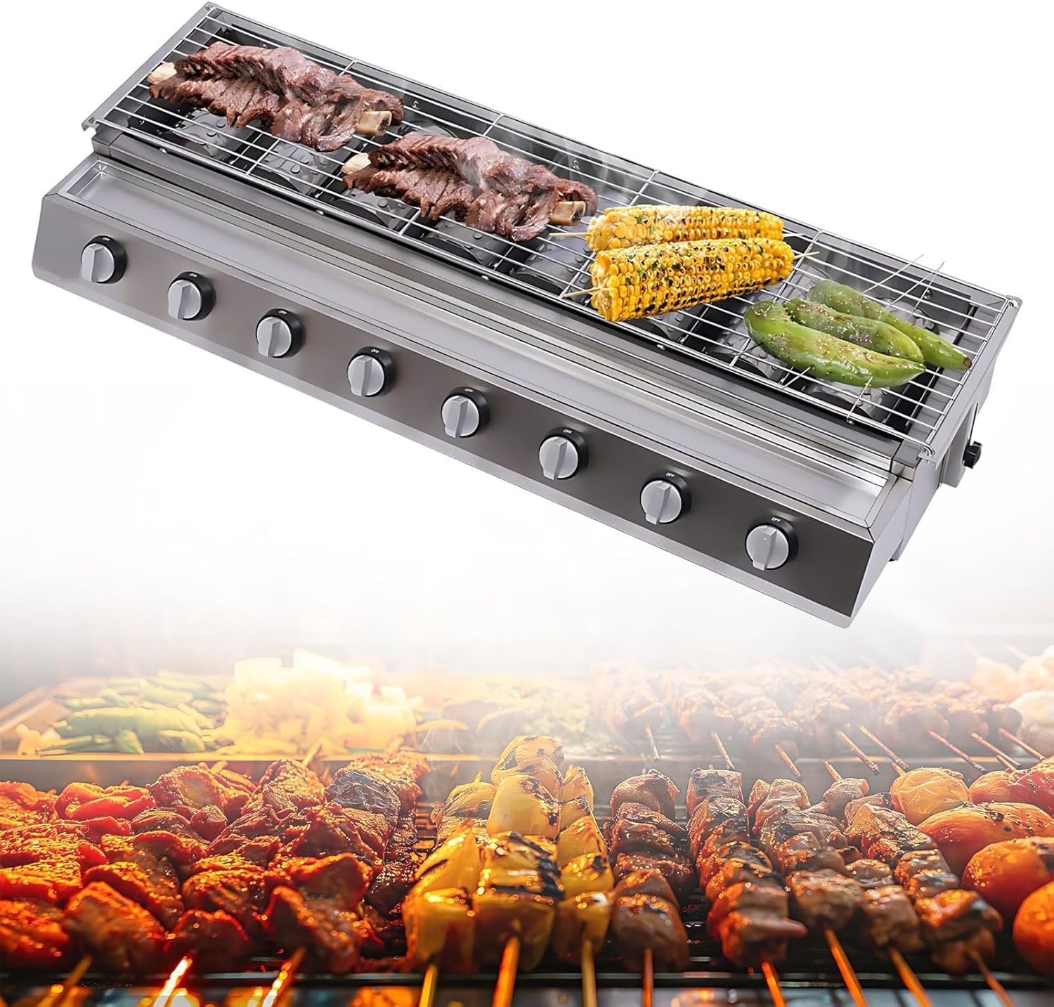Commercial Grade Tabletop Gas Grill & Outdoor BBQ with 8 Burners, LPG Propane Fueled, Perfect for Restaurants, Patio Dining, Camping and Picnic Outings