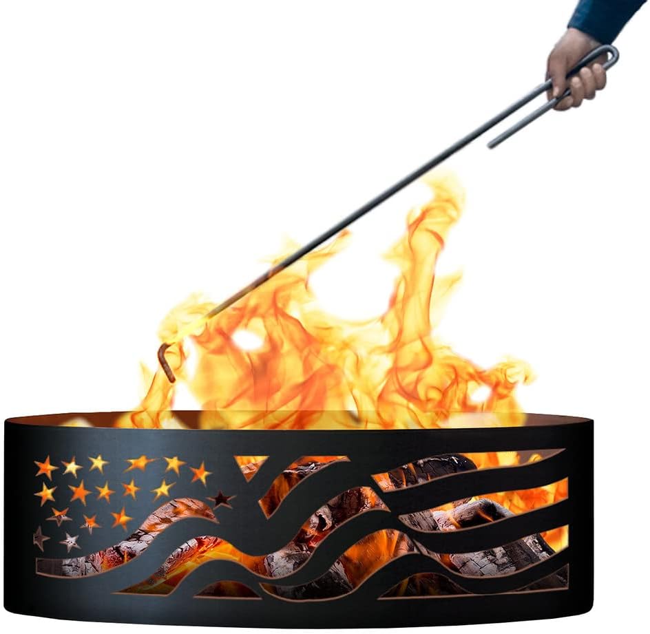 PD Metals AF01230-FP American Flag Unpainted 12 in. Tall 30 in. Diameter Outdoor Fire Ring with Fire Poker - 30 x 30 x 12 in. - Rustic Black Color