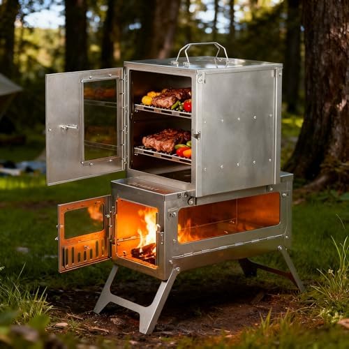 POMOLY Camping Oven 12.6''H Wood Stove Oven with 2 Tier Grill, Portable Titanium Oven with Thermometer for Baking, Heating, BBQ (Size L)