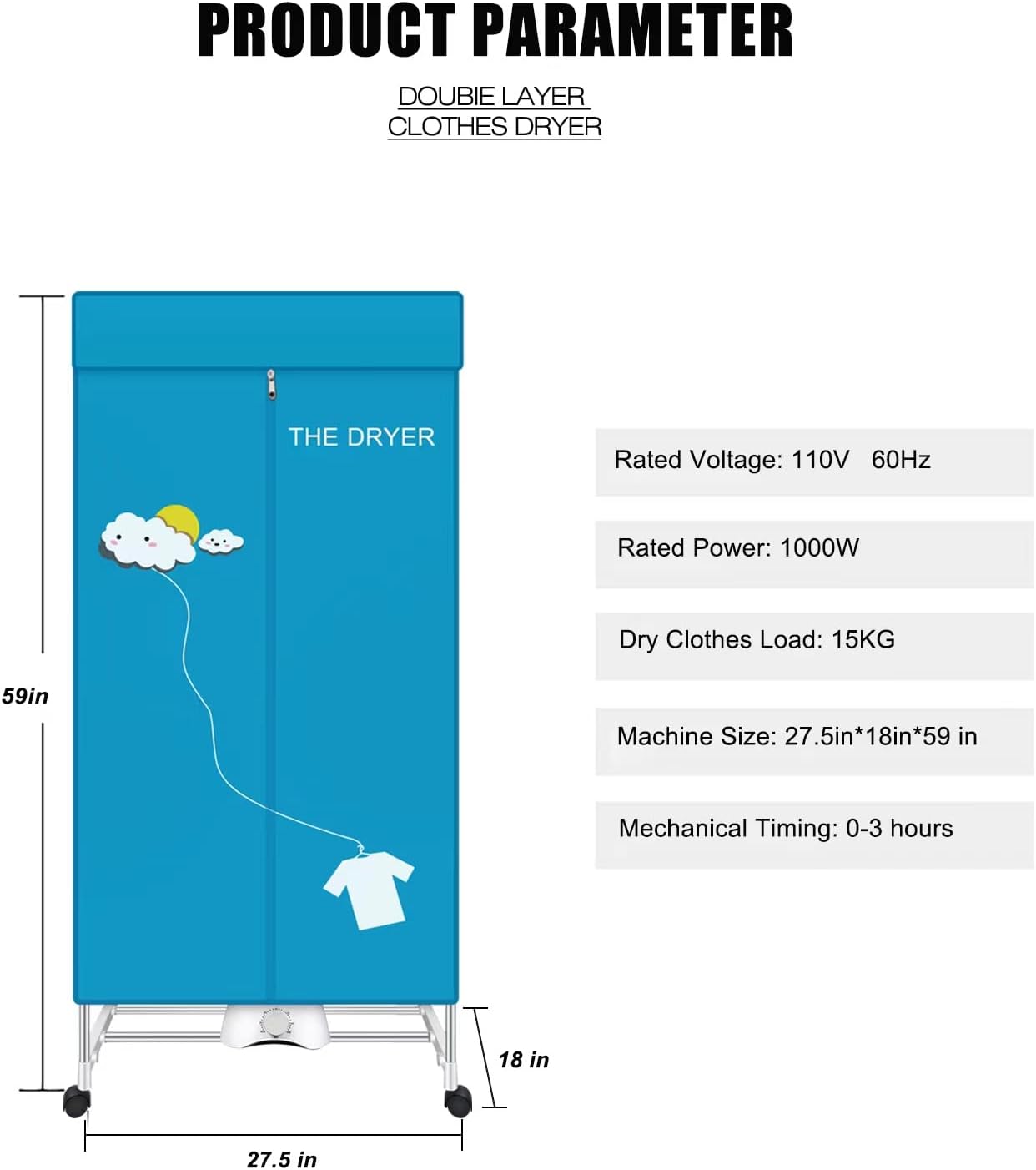 Portable Dryer, 110V 1000W Electric Clothes Dryer Machine, Double Layer Stackable, Stainless Steel, Blue, 15kg Capacity, Front Load, Ideal for Apartments, RV, Families, Campers