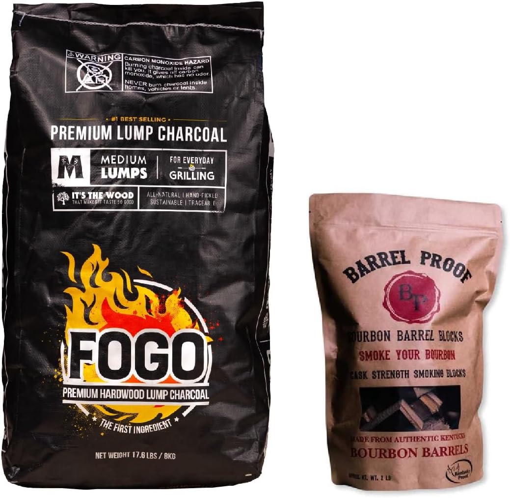FOGO Premium Hardwood Lump Charcoal, Natural Medium Sized Lump Charcoal 17.6 Pound Bag, and Barrel Proof Bourbon Barrel Blocks, 2 Pound Resealable Bag, Bundle