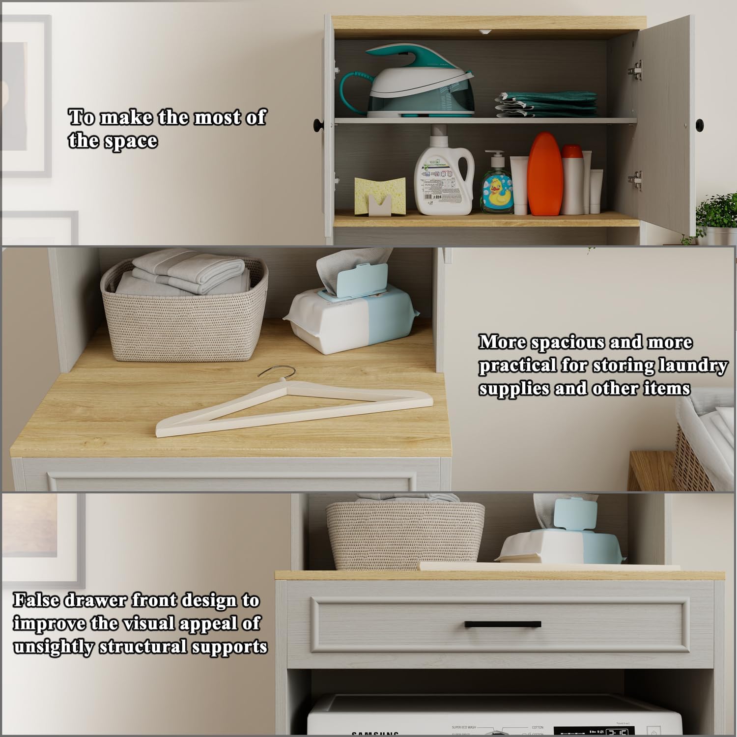 Over The Washer and Dryer Storage Cabinet, Laundry Room Organization and Storage with Adjustable Shelf and Fake Drawer Design, Laundry Room Storage Space Saver (Antique White)