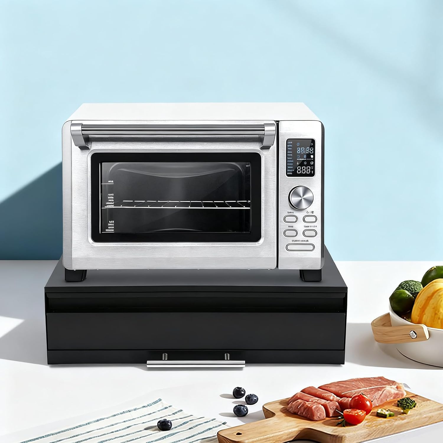 Countertop Drawer | Microwave Stand with Pull-Out Shelf & Drawer | Rust-Resistant Carbon Steel | Modern White Design | Easy Assembly | Fits Small Appliances & Kitchen Essentials (Black)