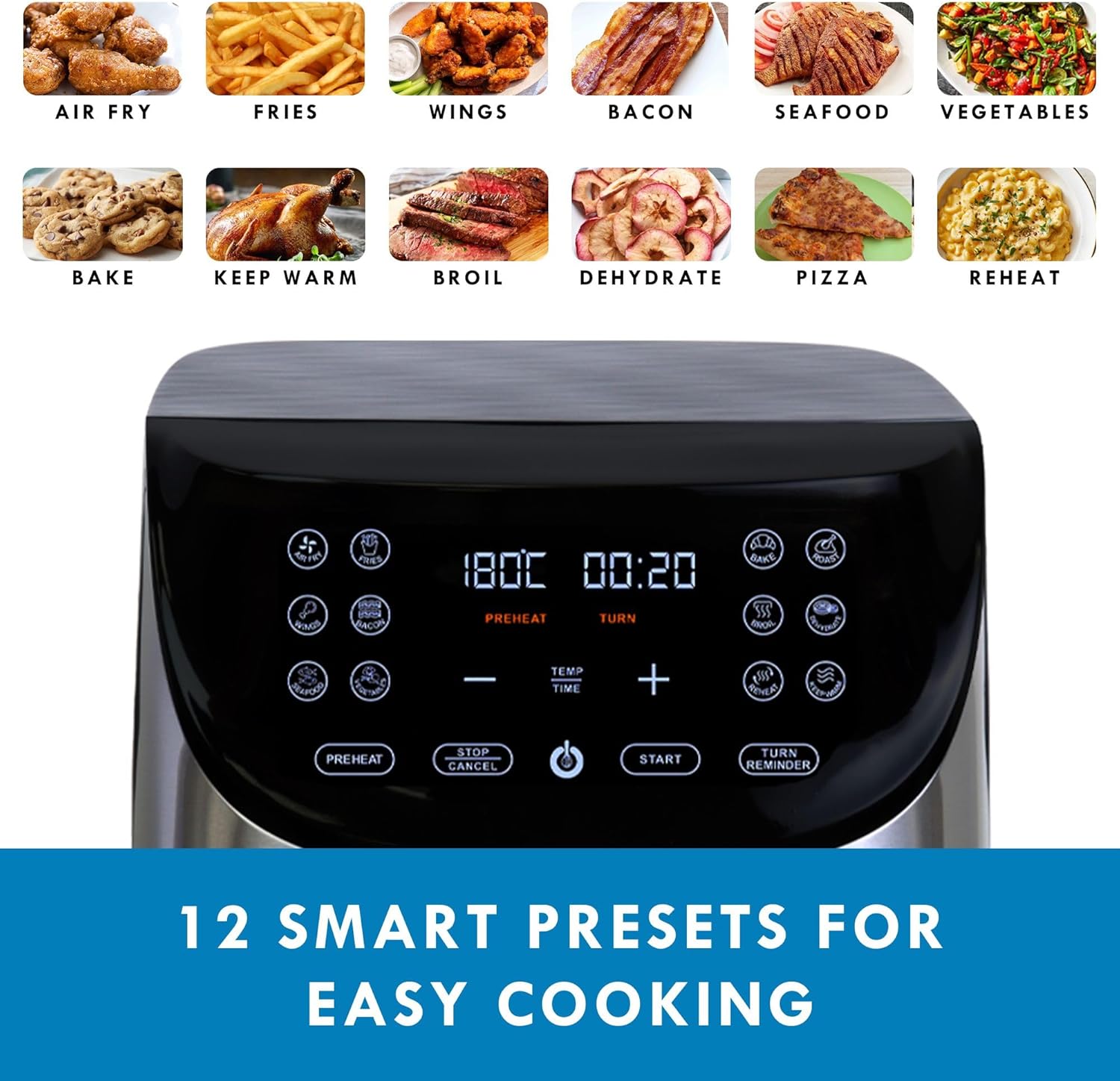 Kenmore Air Fryer - Aerogrill, Non-Stick Frying Basket, French Fry, Digital Touch Screen, 12 Presets, Freidora Eléctrica, Countertop Cooking Kitchen Appliance, Stainless Steel, 8 Quart Black