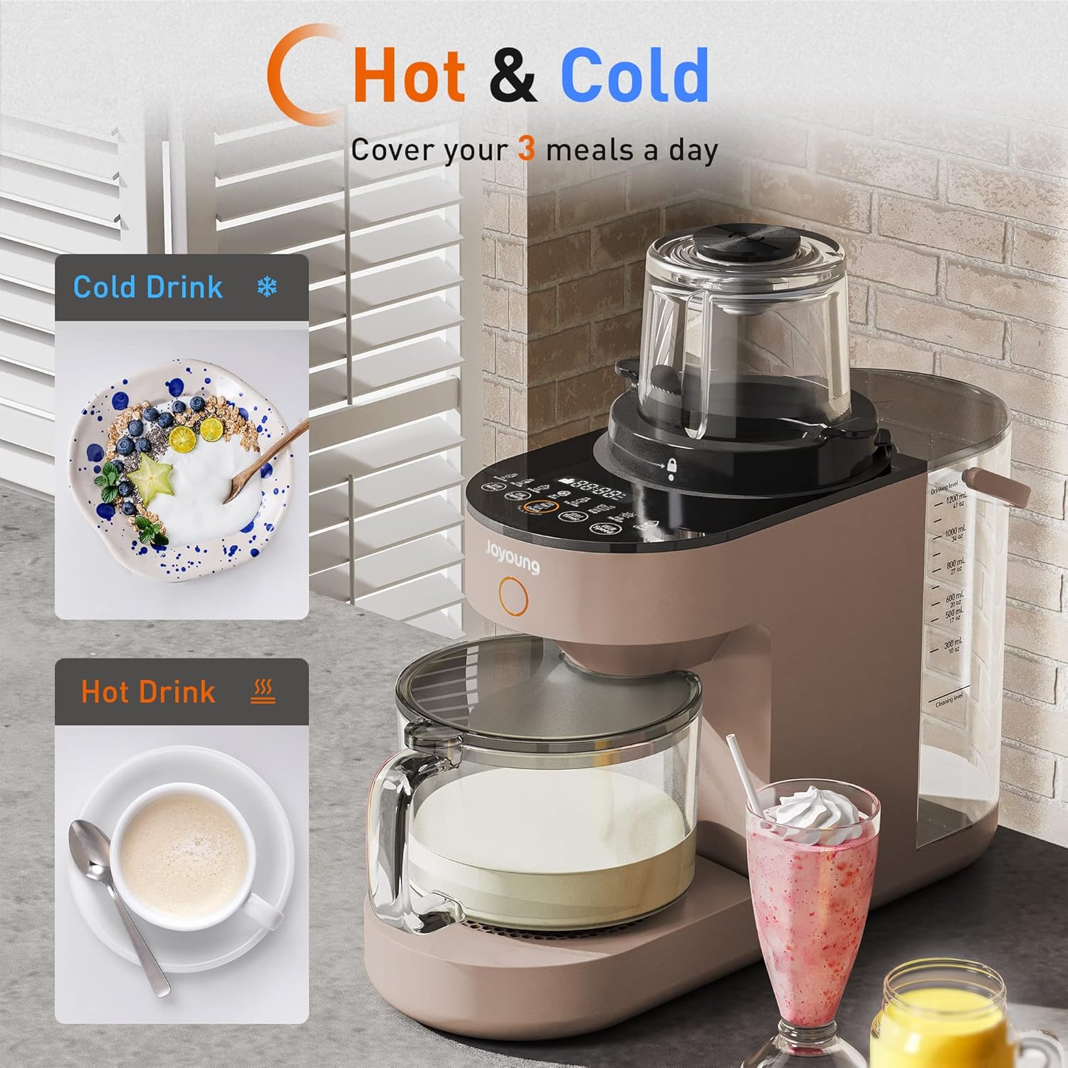 JOYOUNG Blender Fully Automatic, Soy Milk Maker, Glass Blender Cold and Hot with 8 Presets, Self-cleaning, Soup Maker, Almond Milk, Oat Milk, Shakes and Smoothies, Soy Milk. (Brown)