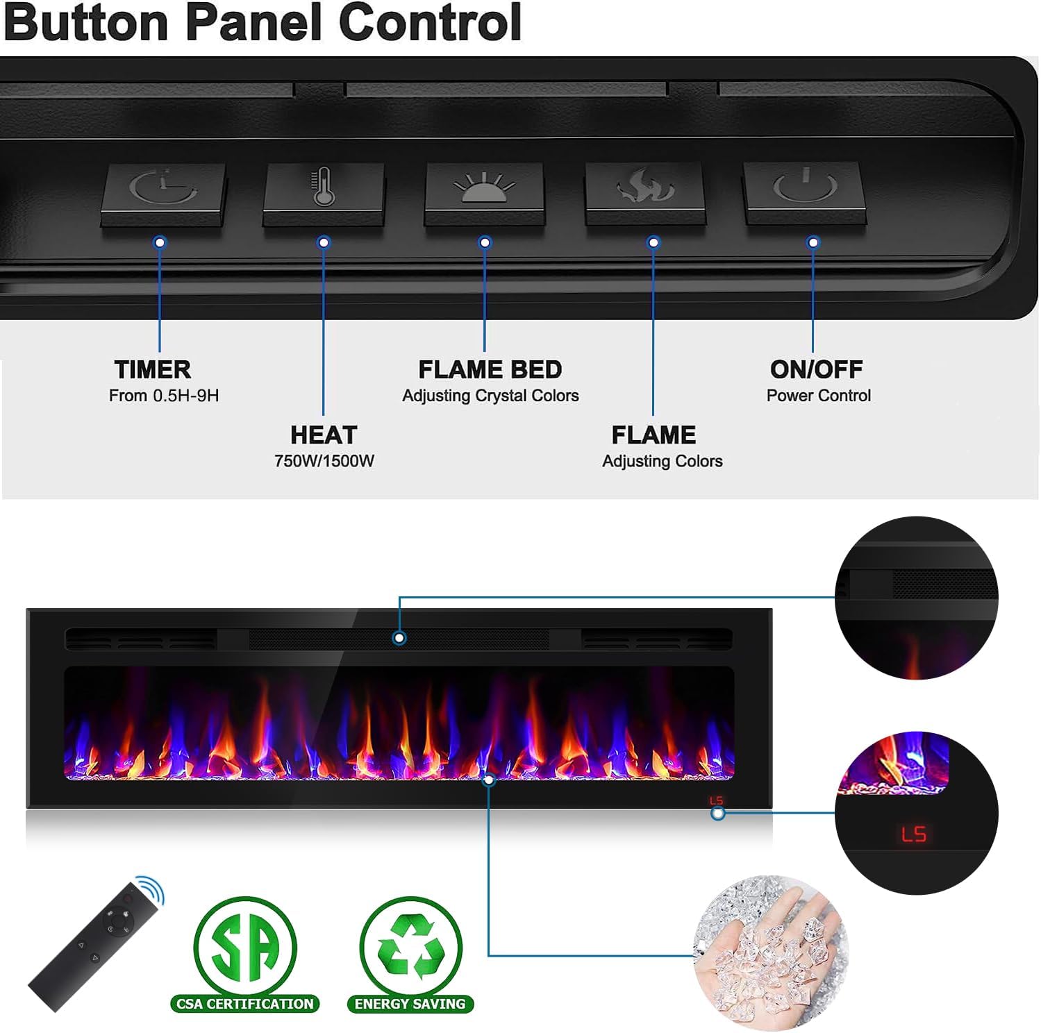 60 Inch Electric Fireplace Recessed and Wall Mounted, Fireplace Heater and Linear Fireplace, Ultra-Thin Electric Fireplace, Low Noise, with Timer, Remote Control, Adjustable 12 Flame Color, 750/1500W