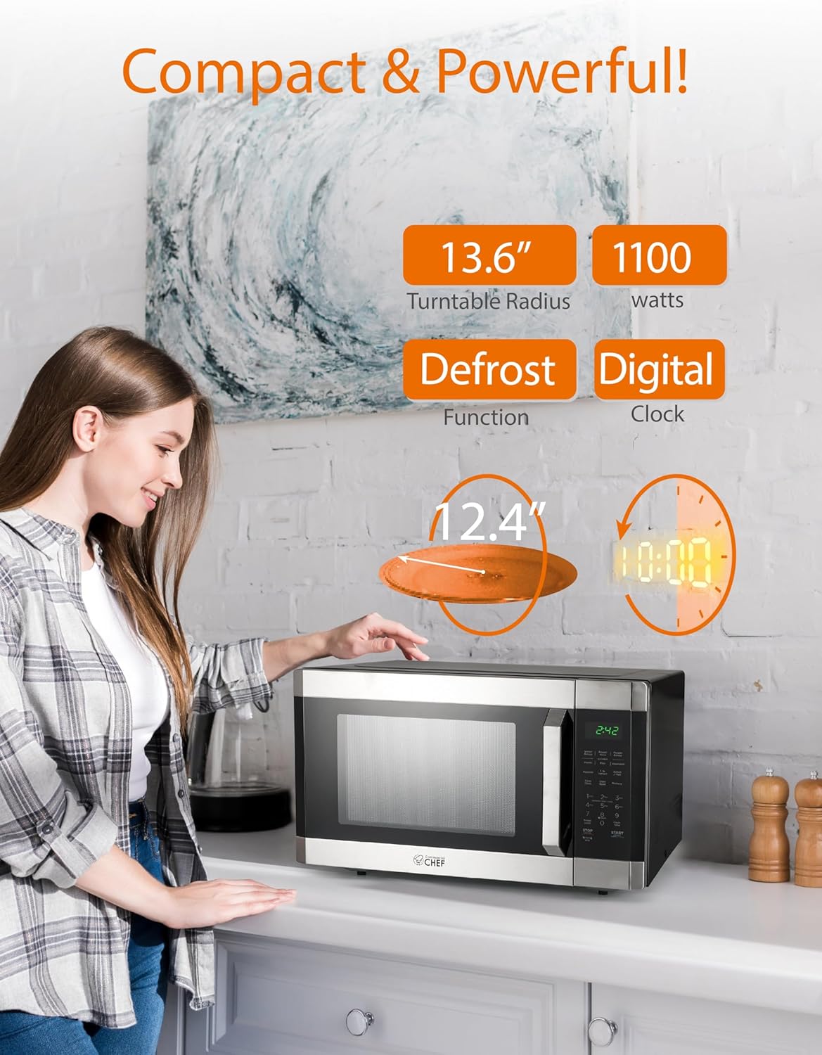 COMMERCIAL CHEF 1.6 Cubic Foot Microwave with 10 Power Levels, Small Microwave with Pull Handle Child Safety Lock, 1100 Watt Microwave with Digital Control Panels,Stainless Steel
