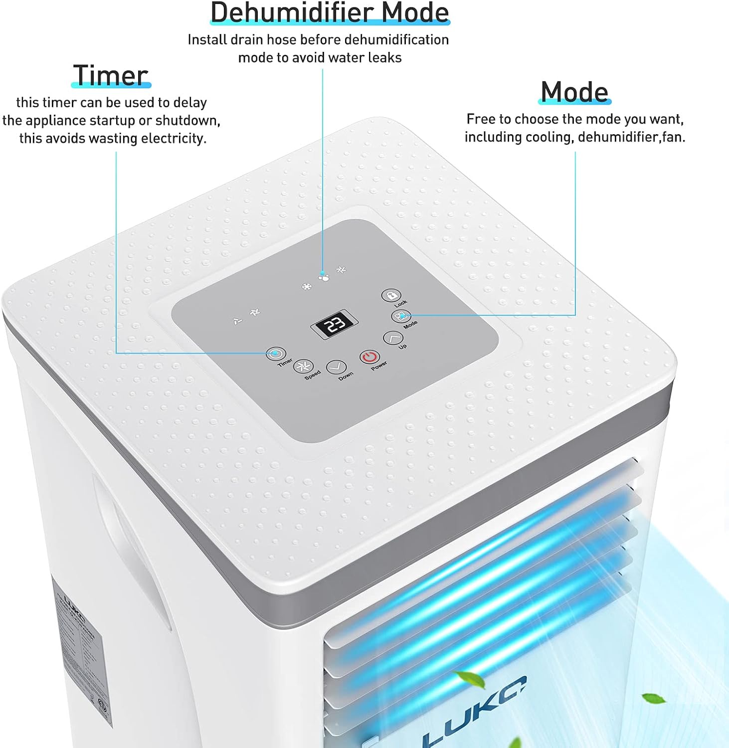 LUKO 3-in-1 Portable Air Conditioner 8,000 BTU,Dehumidifier,Fan for Rooms up to 300 sq ft,AC Unit Portable with Remote Control,Window Kits for Room, Office,Bedroom, White