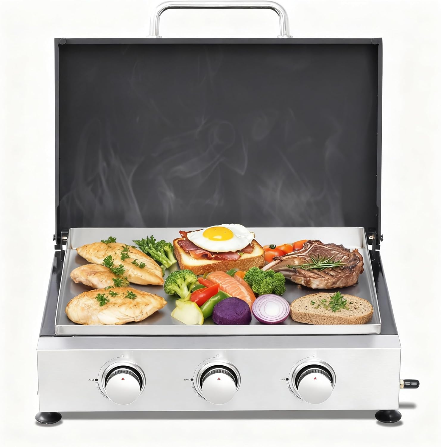 Outdoor Pro 3-Burner Portable Propane Gas Grill and Griddle Combo, Stainless Steel and Cast Iron, 26.38 x 11.02 Inch Cooking Surface, with Regulator and Drip Cup