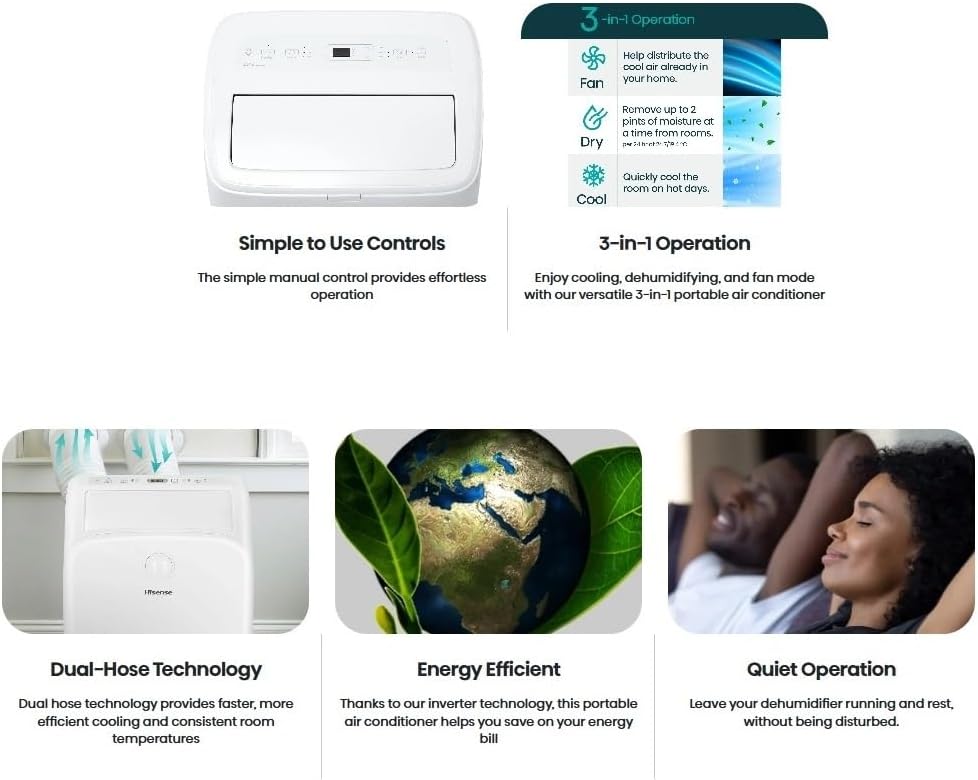 Hisense 8,000 BTU 350 Sq Ft Dual Hose Portable Air Conditioner with Inverter & Wi-Fi, 3-in-1 Cool, Dehumidify, and Fan Functions, 42 dB(A), Remote Control, Window Kit - HAP0825TWD (Renewed)