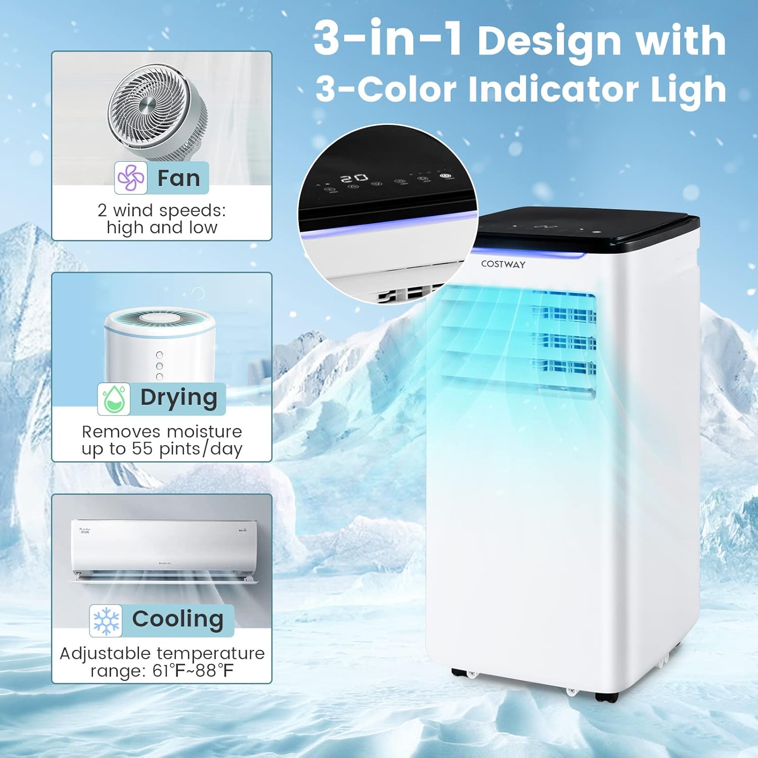 COSTWAY Portable Air Conditioners, 10000 BTU Portable AC Unit for Room up to 400 Sq.Ft with Cool, Fan, Dry & Sleep Mode, Timer, Remote Control & Window Vent Kit, 3-in-1 Portable AC for Bedroom, Office