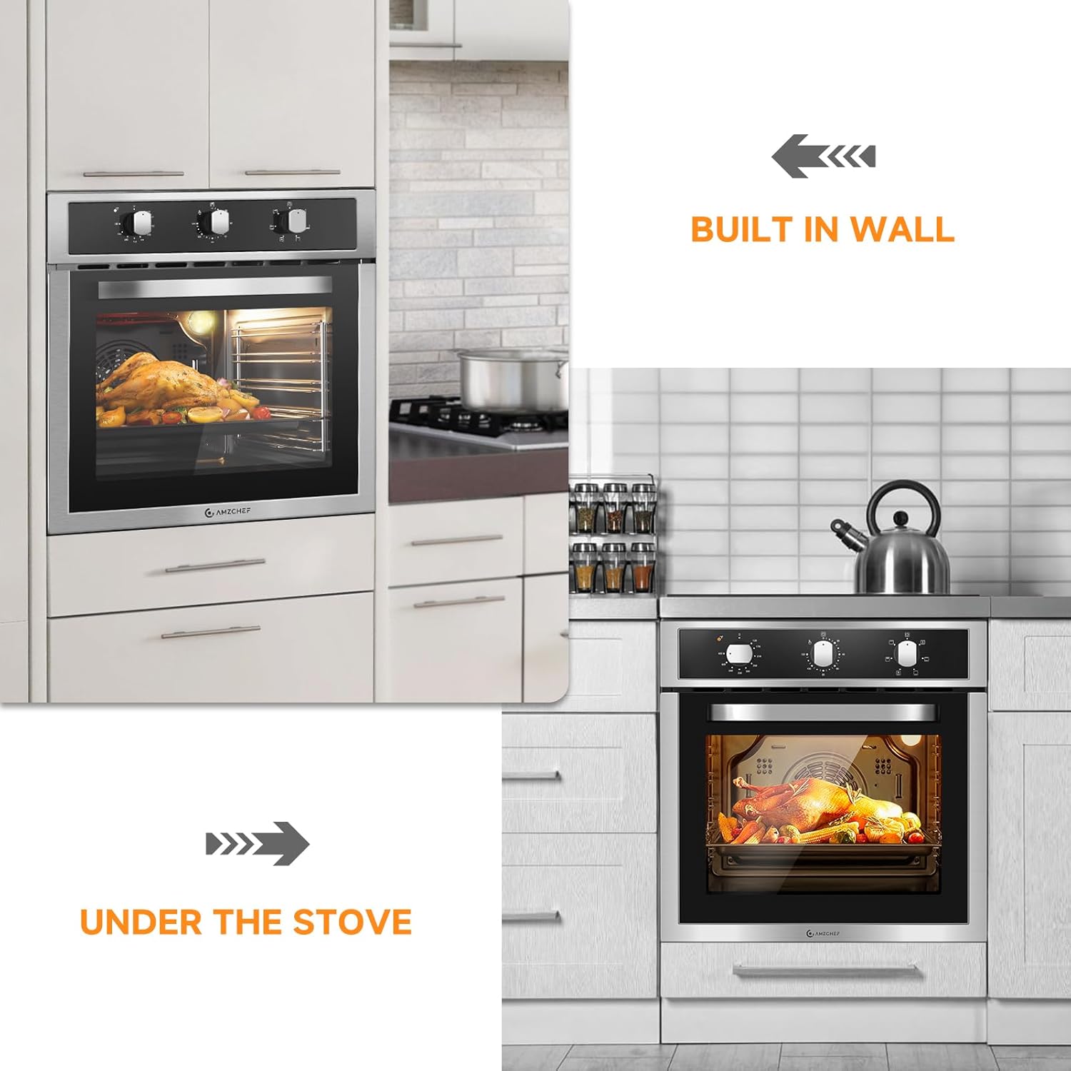 Wall Ovens 24 inch Electric, AMZCHEF 24 inch Wall Oven, 2200w Single Wall Oven with 6 Cooking Modes, 2.5 Cu.Ft. Electric Wall Oven, Convection Oven with Mechanical Knobs Control, Stainless Steel