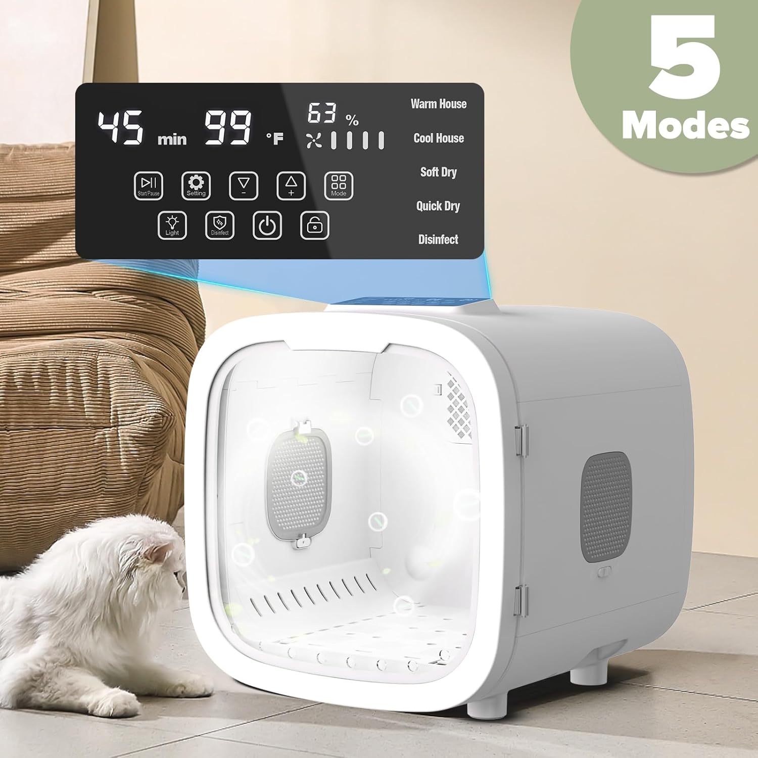 52L Automatic Pet Dryer Box with 5 Modes, Hands-Free Pet Grooming Dryer for Cats & Dogs, Adjustable Temperature & Wind Speed, Low Noise, Safety Features, Timer & Interior Light