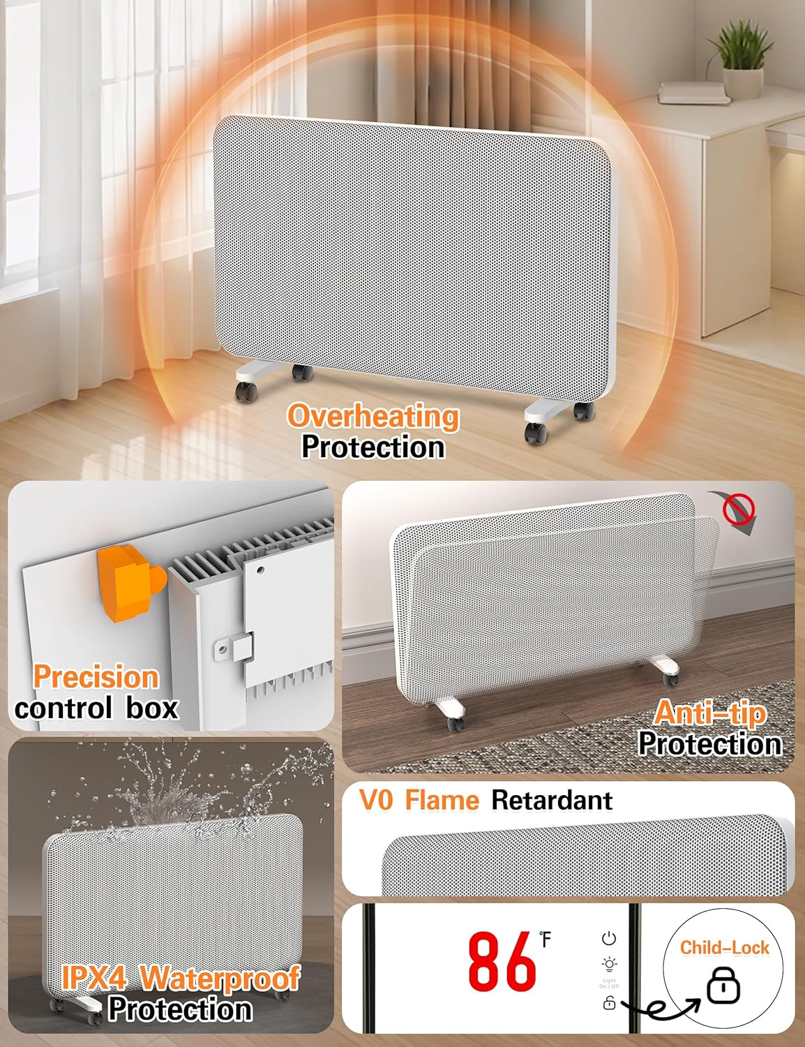 Graphene Convection Panel Infrared Space Heater for Indoor Use Large Room, 1500W Heater with Thermostat, Portable Stand Wall Mounted, Smart WiFi App Control Energy Saving,Work with Tuya