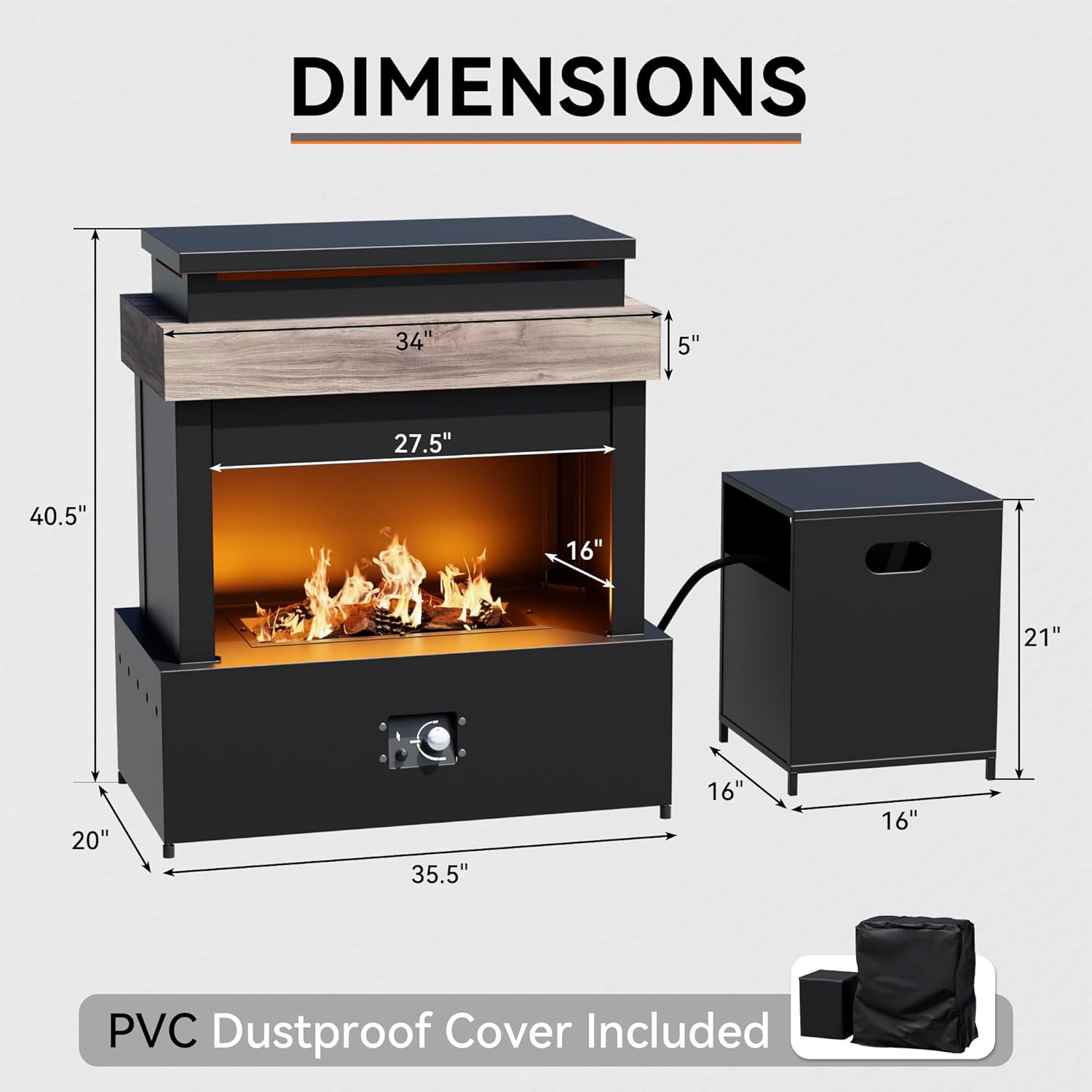 35'' Outdoor Propane Fireplace with Tank Storage, 50,000 BTU Outdoor Gas Fire Pit with CSA Certified, Adjustable Flame, Dust Cover, Smokeless Ceramic Wood for Patio, Garden, Deck, Gray/Tan