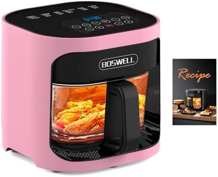 BOSWELL 6 in 1 Glass Air Fryer,4.5QT Air Fryer with Transparent Glass Pot,Circulating Air Heating, Bake, Broil, Air Fry, Temperature Control, Dishwasher Safe (Pink)
