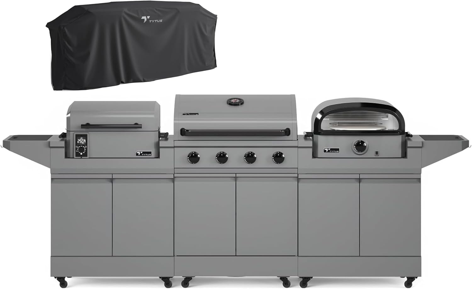 TYTUS Anaheim 4-Burner Gas Grill with Two Prep Carts, Pellet Smoker, and Pizza Oven with Cover - Outdoor Cooking Bundle, Quick Assembly, Grill for Outdoor Cooking, Kitchen Island for BBQ