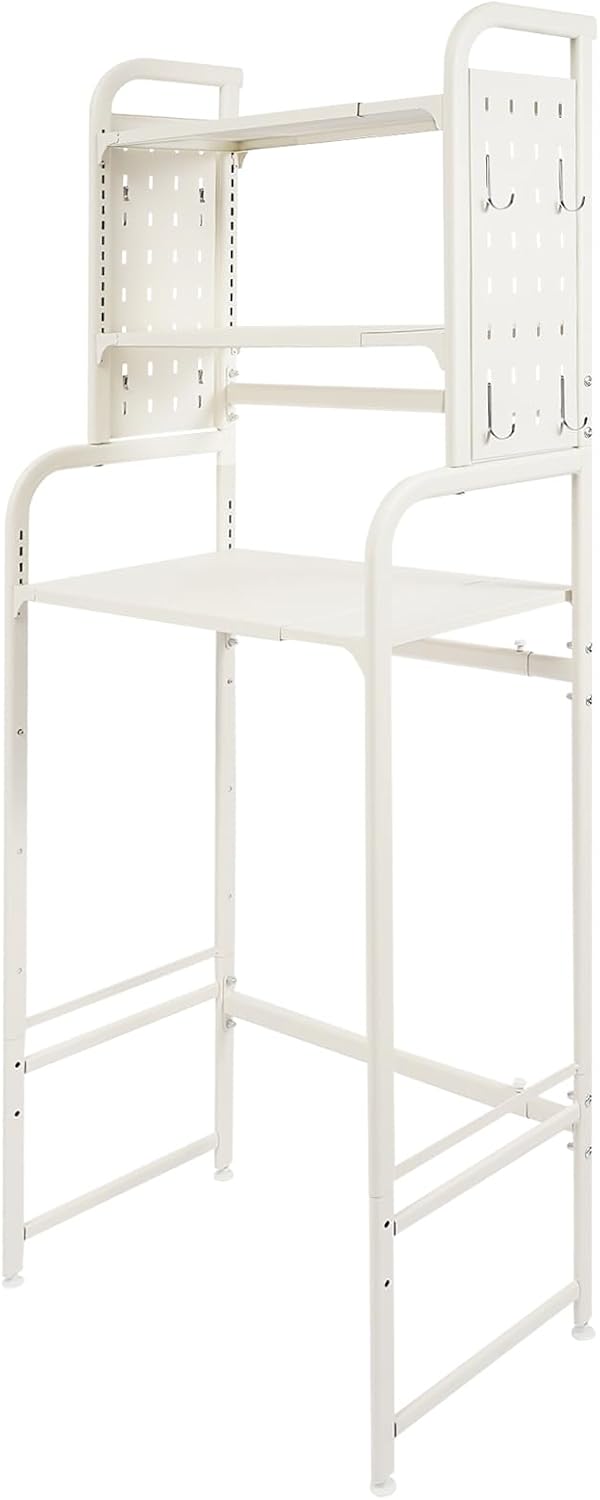 3 Tier Over The Washer and Dryer Storage Shelf, Height Adjustable Heavy Duty Laundry Room Organizer, Bathroom Storage Rack with Hook & Hanging Rod, Space Saving Standing Shelf (White)