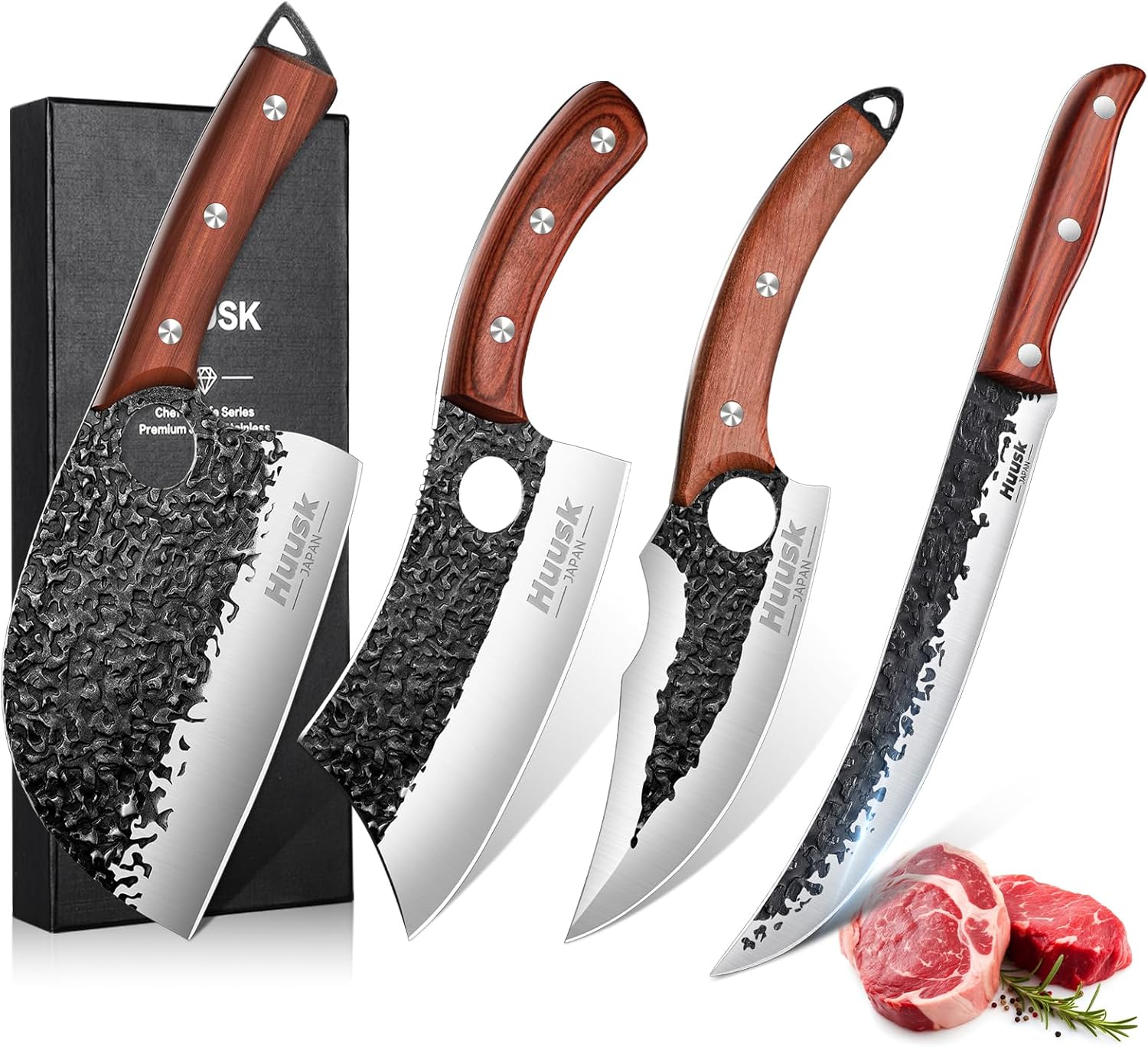 Huusk Butcher Knife Set, Breaking Knife for Meat Cutting,Hand Forged Meat Knife for Home & Outdoor Cooking & BBQ Camping,Brisket Trimming Knife with Sheath, Present for Holiday