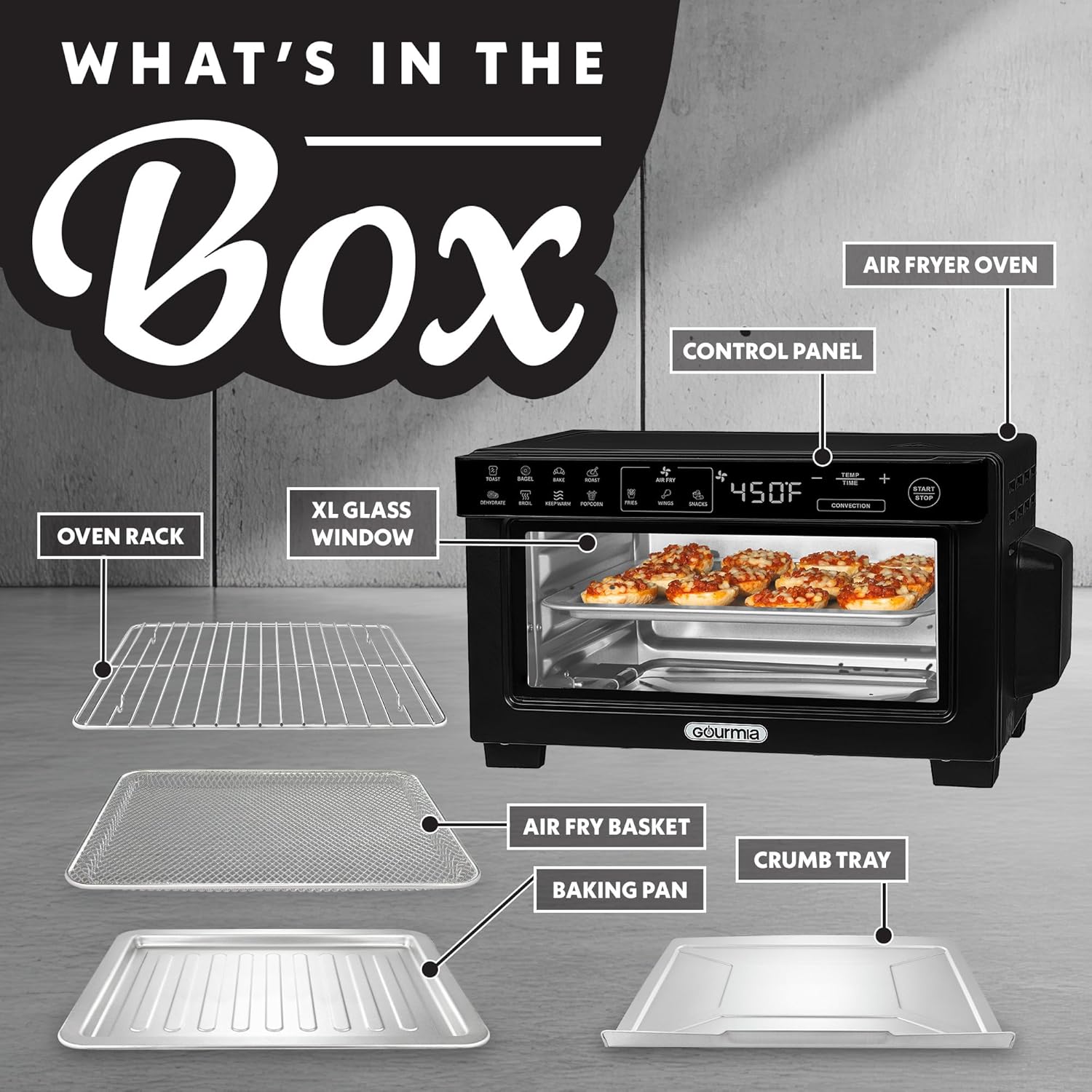 Gourmia Toaster Oven Digital Air Fryer - Convection Mode with 4 Slice Capacity, 3 Rack Positions, 12 Presets, Toast, Bagel, Bake, Roast, Broil, Dehydrate, Popcorn, Fits 9