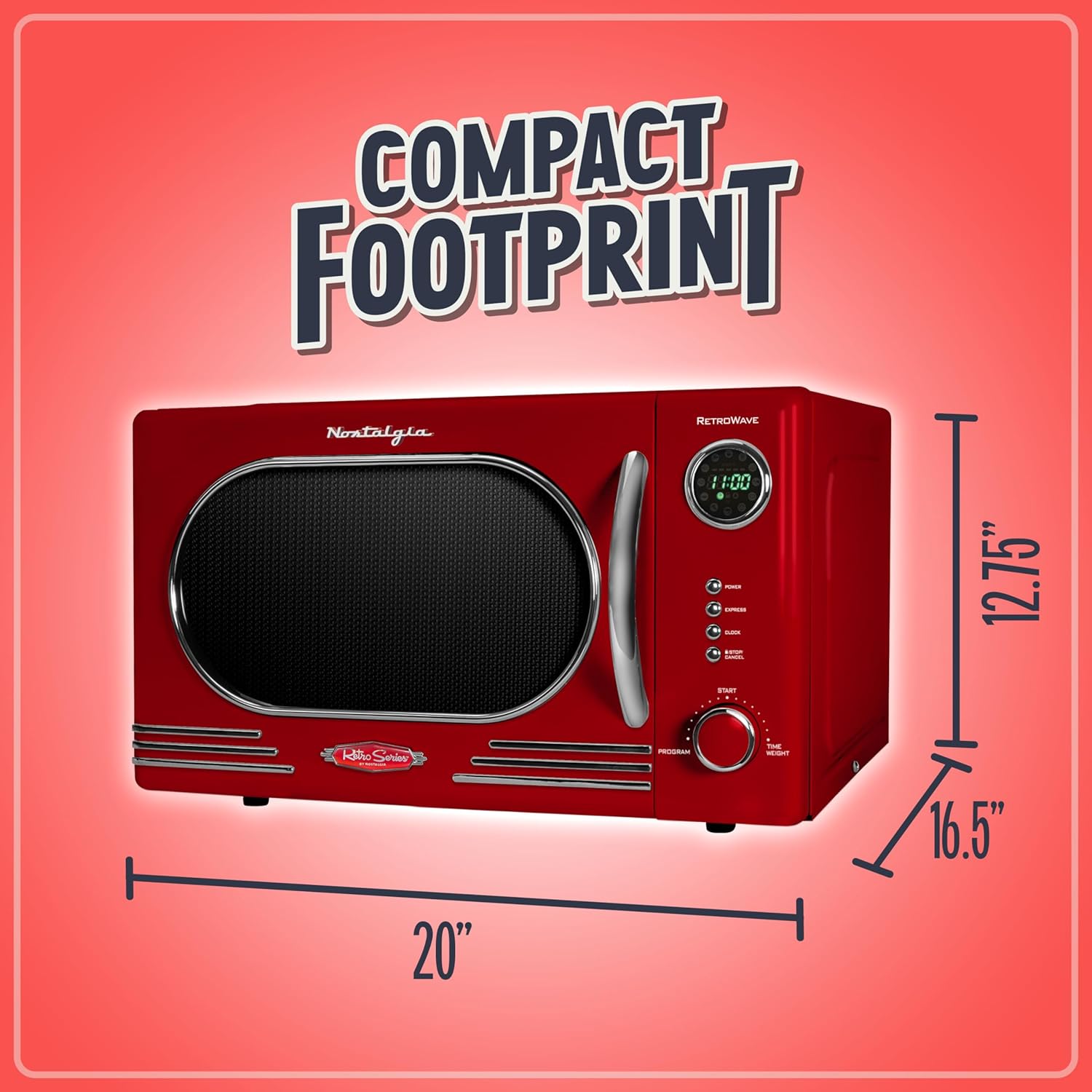 Nostalgia Retro Countertop Microwave Oven - 1.1 Cu Ft & 1000 Watt Power- Easy to Clean with Removable Glass Turntable - Child Safety Lock - 12 Programs - Digital Clock - Red