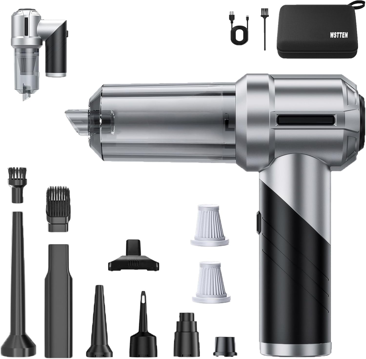 Car Vacuum Cleaner Cordless Foldable, 21000PA Mini Portable Handheld Vacuum, 4 in 1 Compressed Air Duster & Air Blower & Vacuum Cleaner & Inflation with Brushless Motor for Car, Home, Office Black