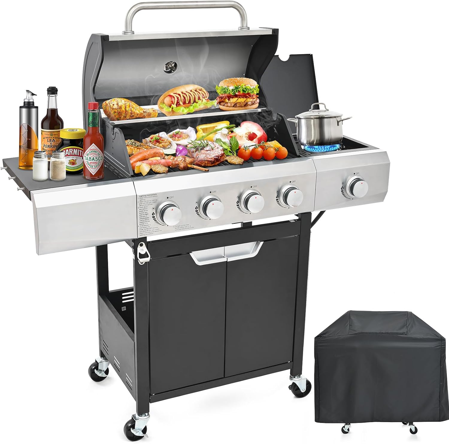 4-Burner Propane Gas BBQ Grill with Side Burner, Rain Cover Design, Stainless Steel Gas Grill with 51,000 BTUs Output for Outdoor, Camping, Barbecue Grilling Backyard Cooking, Black Silver