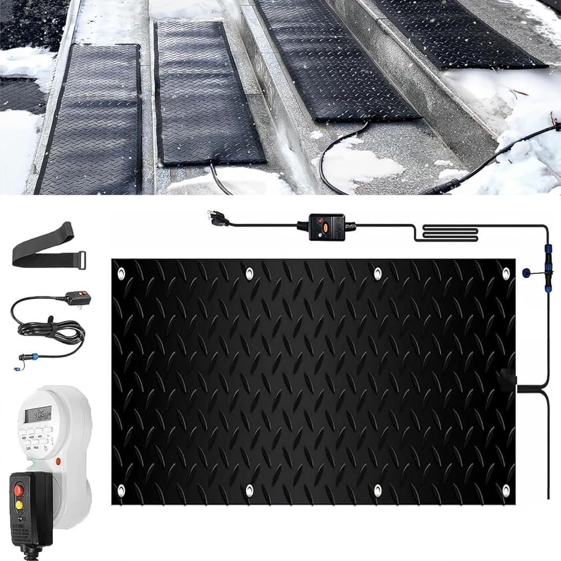 1/2/3/4/5 Pcs Snow Melting Walkway Mat with Timer, Slip Rubber Heated Mat with Power Cord, 2 in/h Speed Snow and Ice Heated Pad for Winter Outdoor Stairs, Steps, Doorways, Walkways(1 Pcs,12x3