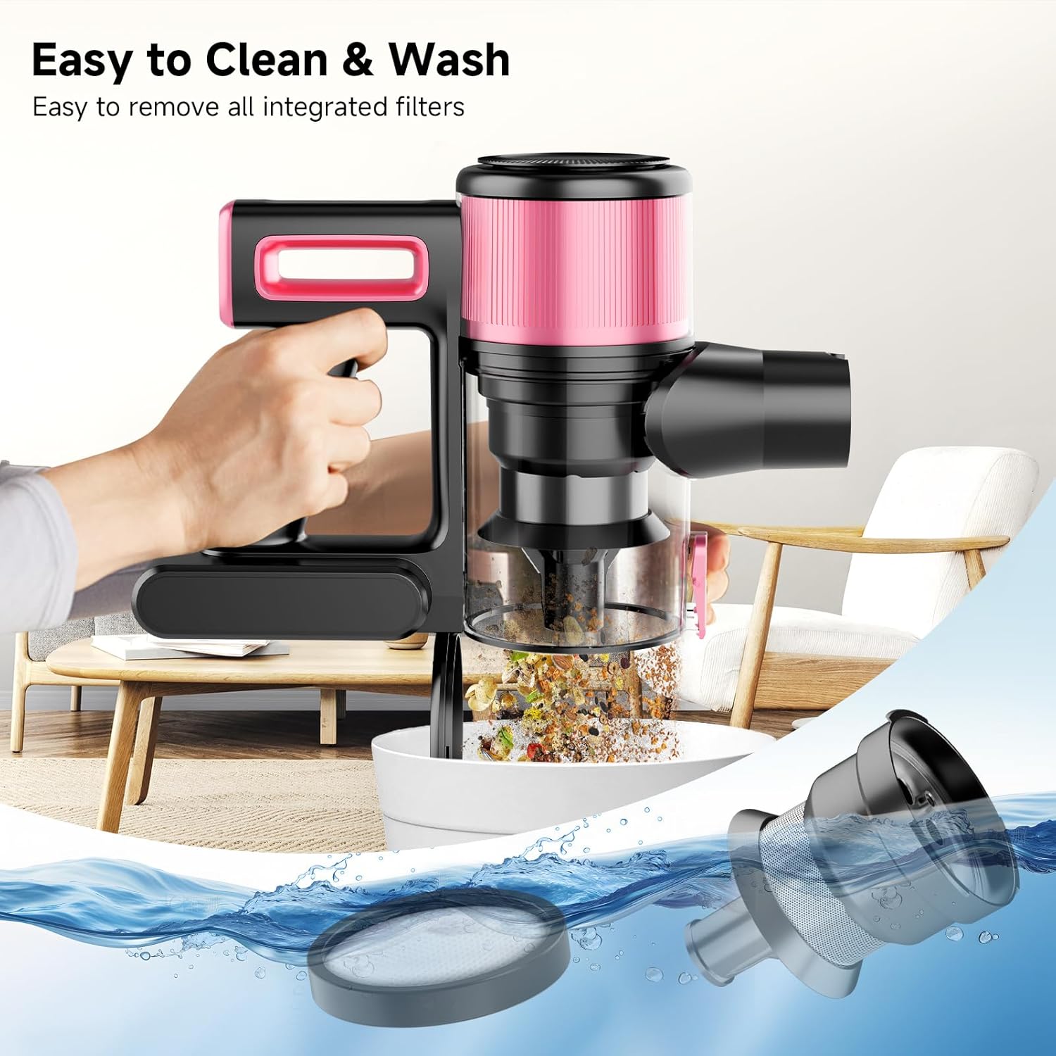 Cordless Vacuum Cleaner, 8 in 1 Powerful Stick Vacuum with 45min Runtime, Anti-Tangle Vacuum Cleaners for Home, Lightweight Handheld Wireless Vacuum for Hardwood Floor Carpet pet Hair, Rose B